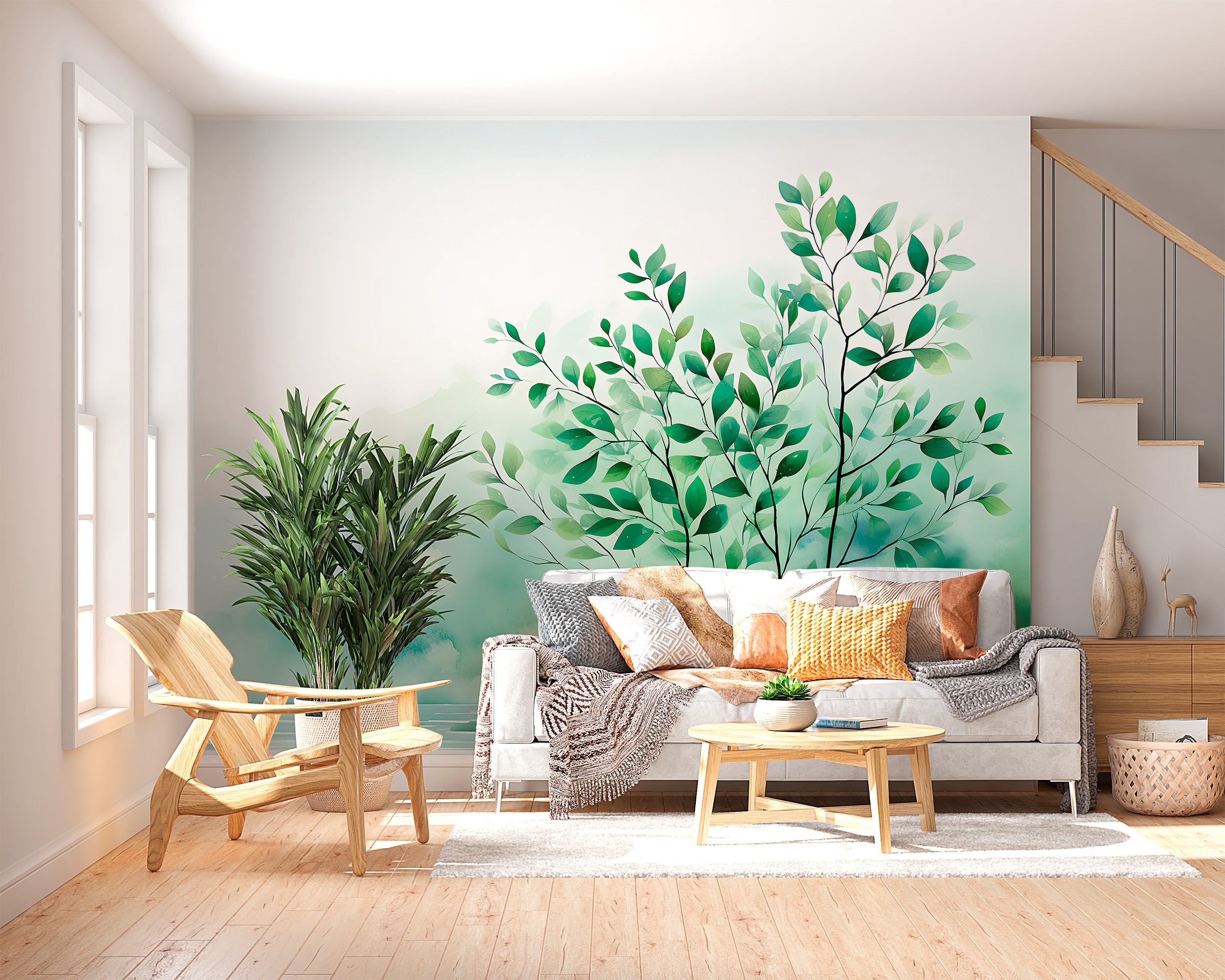 Elegant Leaves Mural: Minimalist Watercolor Wallpaper