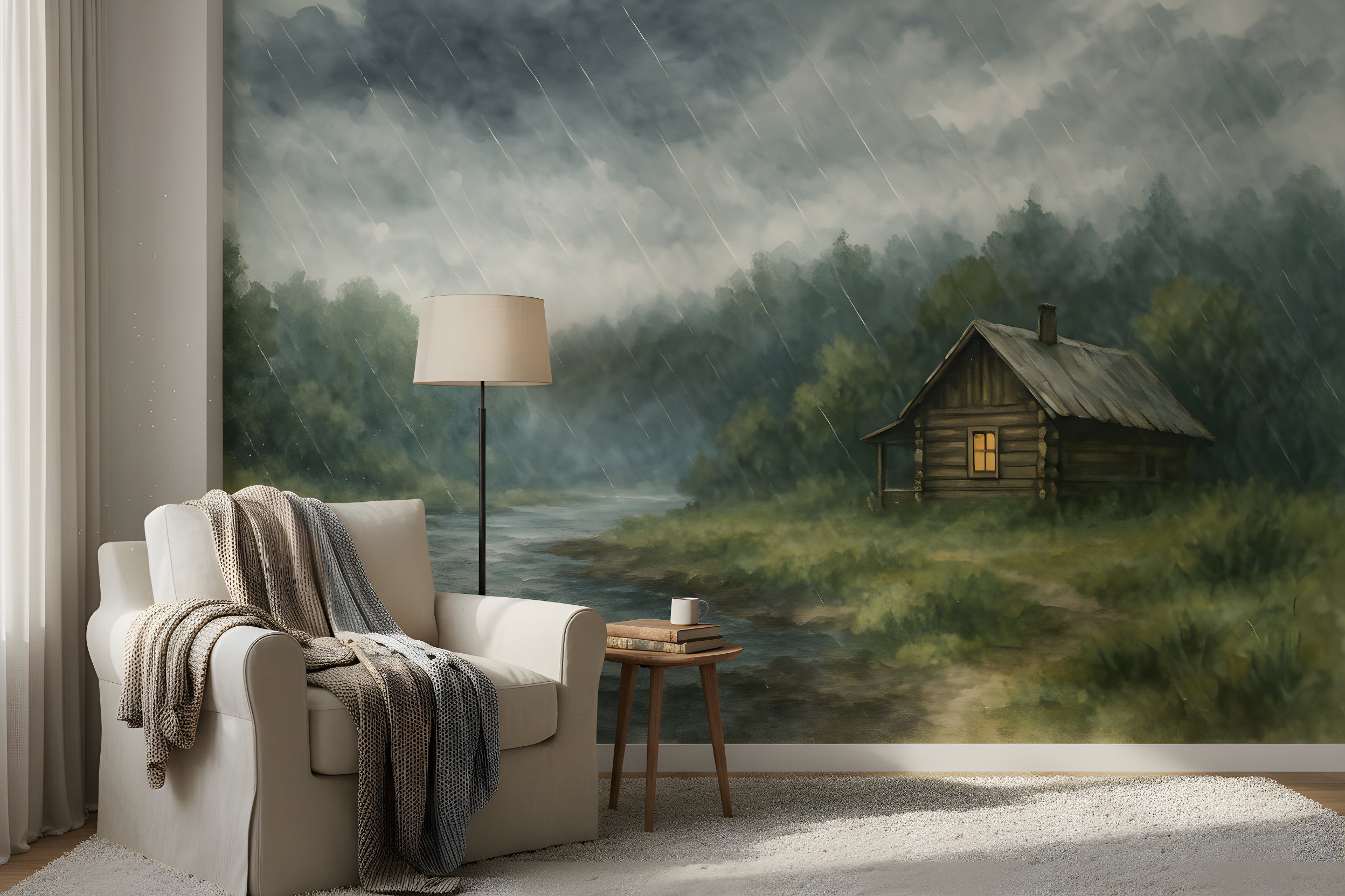 Space adventure wallpaper with pastel skies, woodland cabin, and rain pattern in a cozy kids room setting with soft armchair