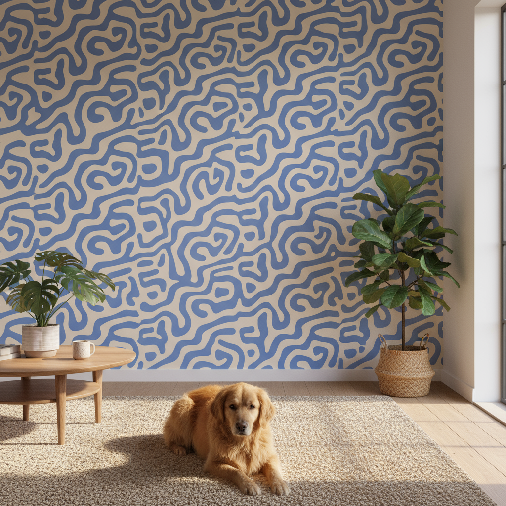 Pastel blue space adventure wallpaper with whimsical planets and rockets in a cozy nursery setting featuring a golden retriev