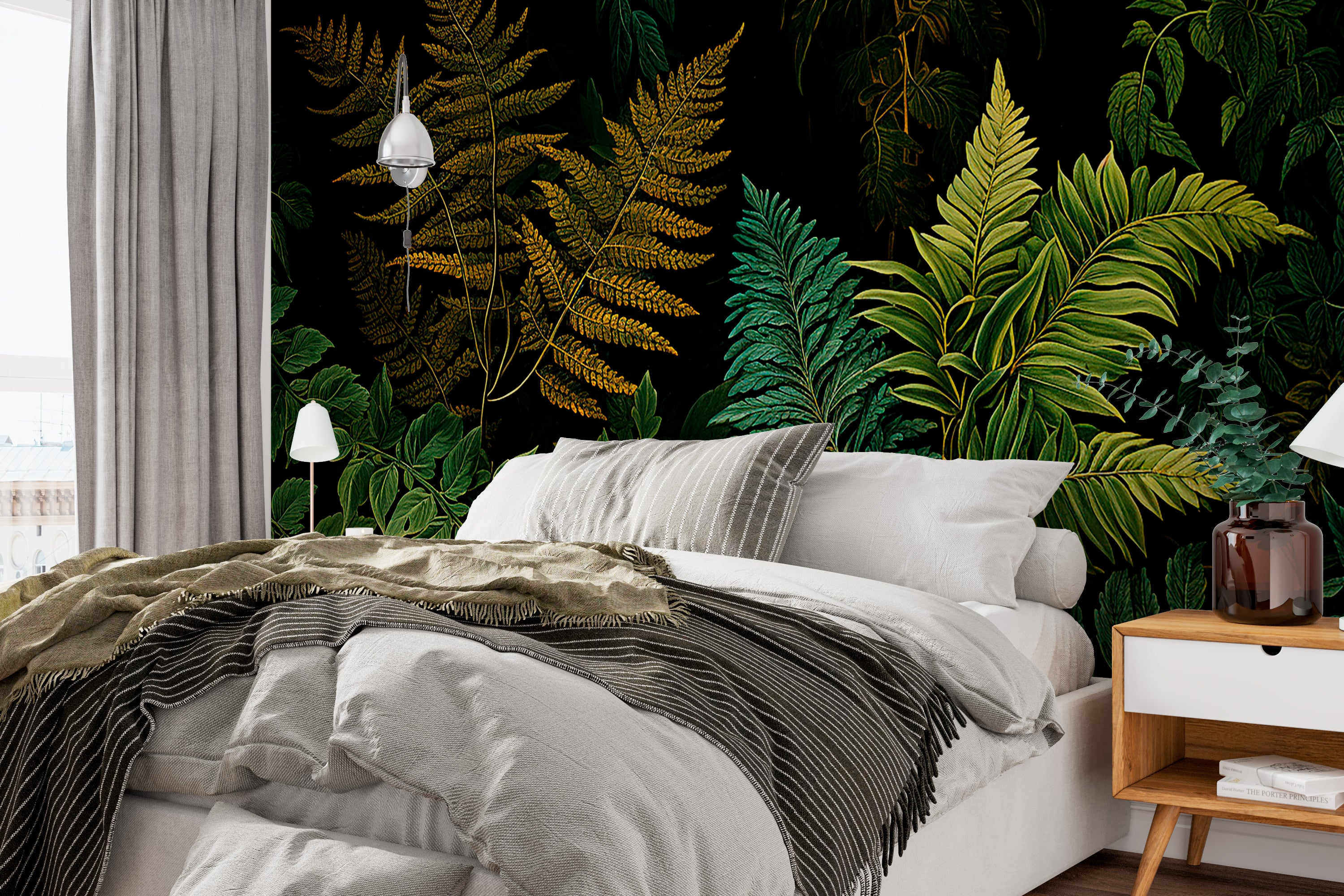 Dark and Green Wallpaper with Detailed Fern Patterns