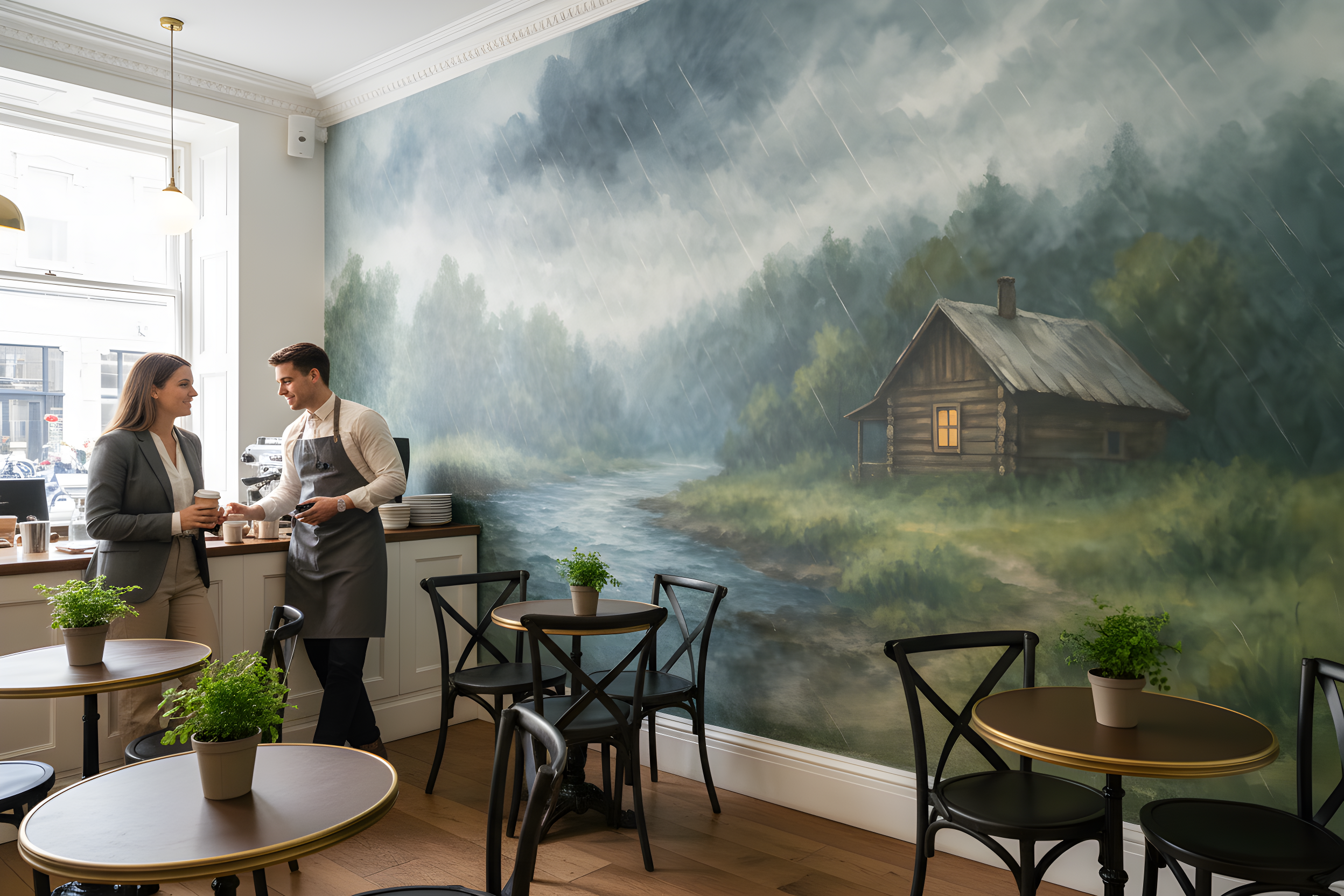 A cozy cafe with a large wall mural of a misty forest and a wooden cabin beside a river, pastel tones and whimsical space adv