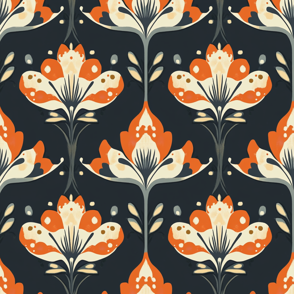 Modern Folk Floral Wallpaper, Bold Orange and Charcoal Patterned Wall Mural, Retro Scandinavian Peel and Stick Wallpaper
