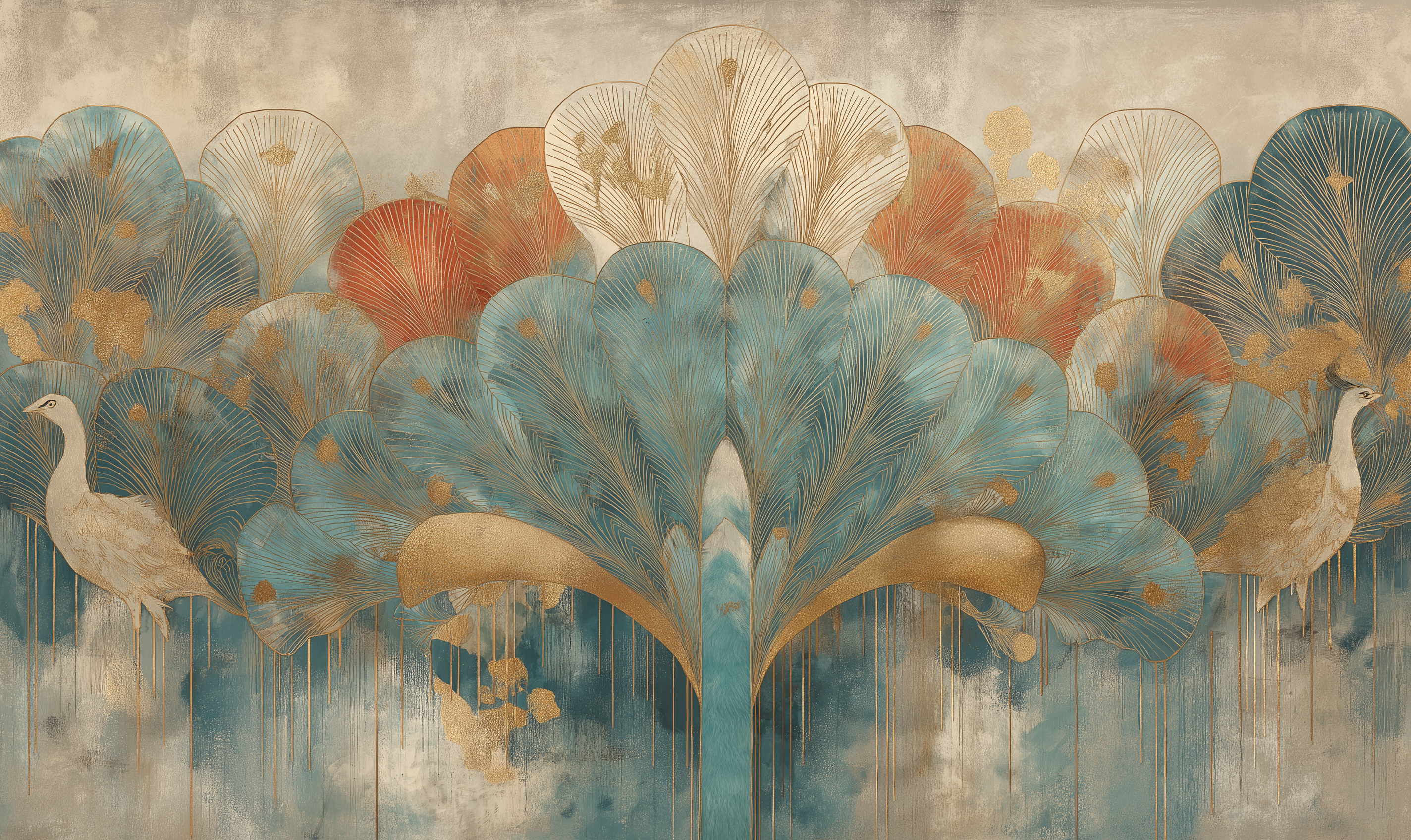 Luxury peacock feather wallpaper with metallic gold accents