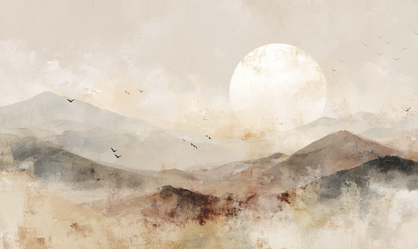 Neutral watercolor mountain wallpaper mural with sunrise design