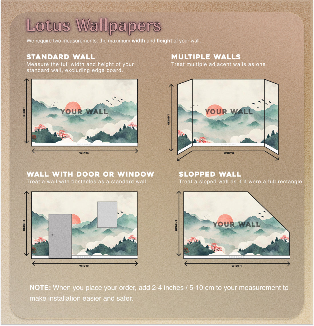 Red Sun Behind Green Mountains Mural, Watercolor Japanese Landscape Wallpaper, Peel and Stick Soft Colors Accent Wall Removable Wall Decal