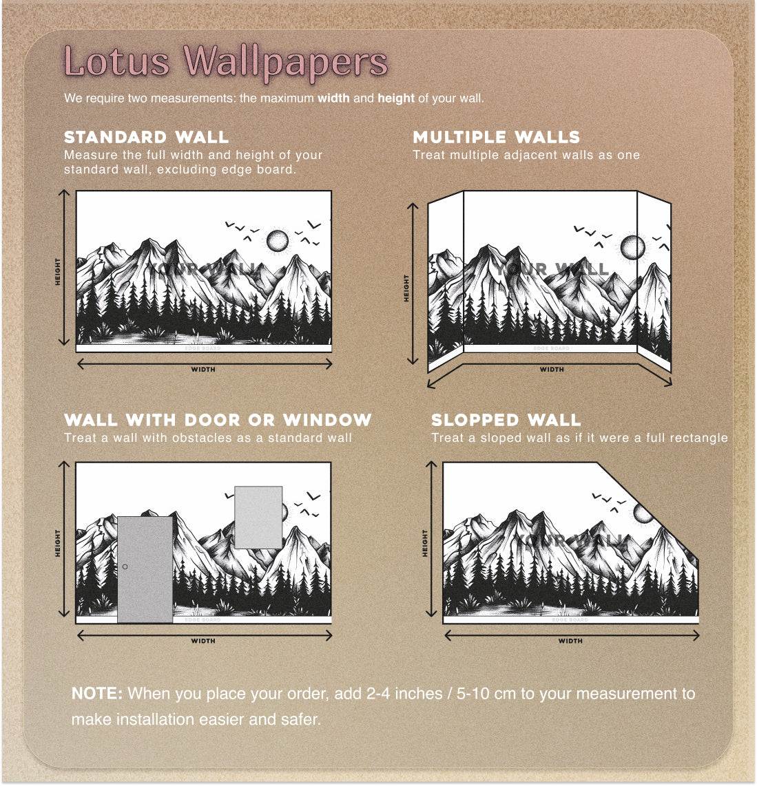 Mountains and Forest in Doodling Style Mural, Black and White Wild Nature Landscape Wallpaper, Peel and Stick Birds Sun Mountains Art