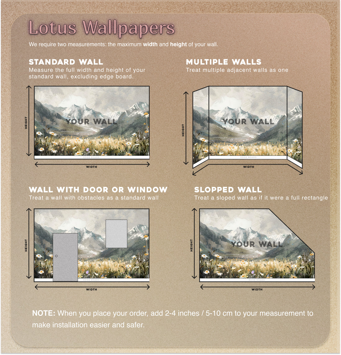 Watercolor Mountain Field Mural, Meadow Flowers in Natural Colors Wallpaper, Peel and Stick Wild Nature Landscape Mural, Grey Mountains Decal