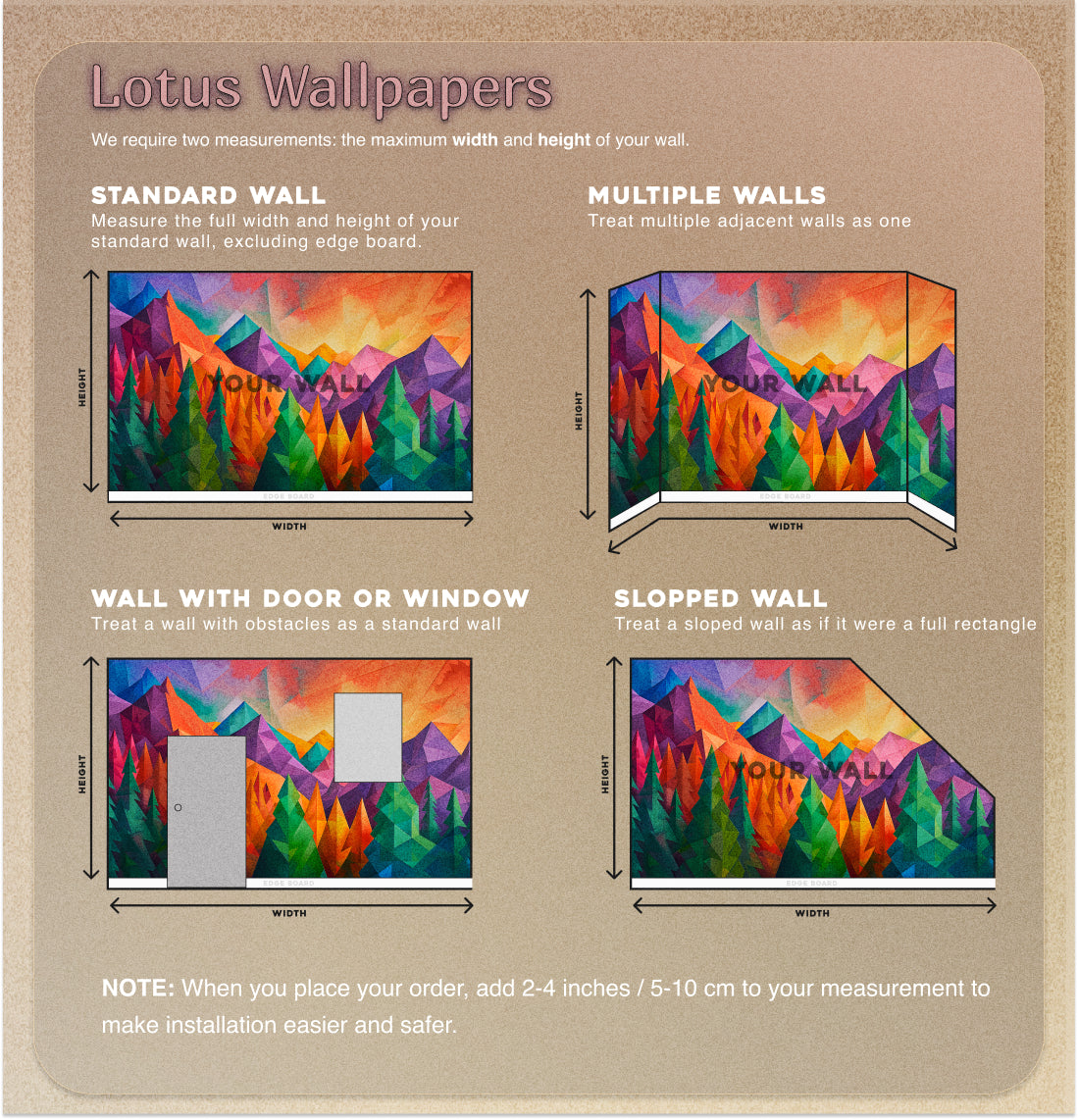 Colorful Mountains and Forest Landscape Mural, Peel and Stick Nature in Cubism Style Mural, Abstract Pine Trees Mural, Geometric Shapes Art