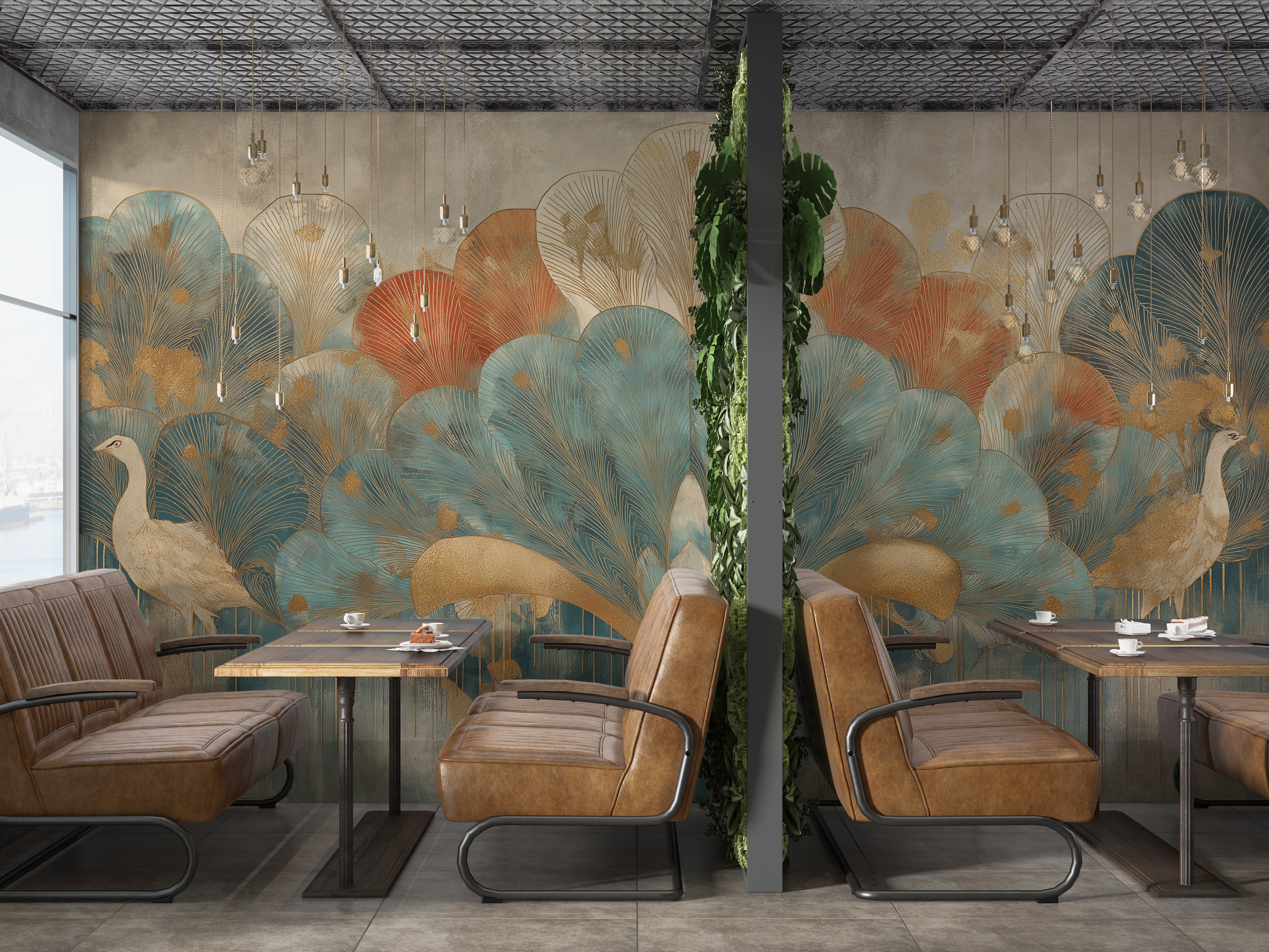 Art Deco peacock wall mural in teal, gold, and coral tones