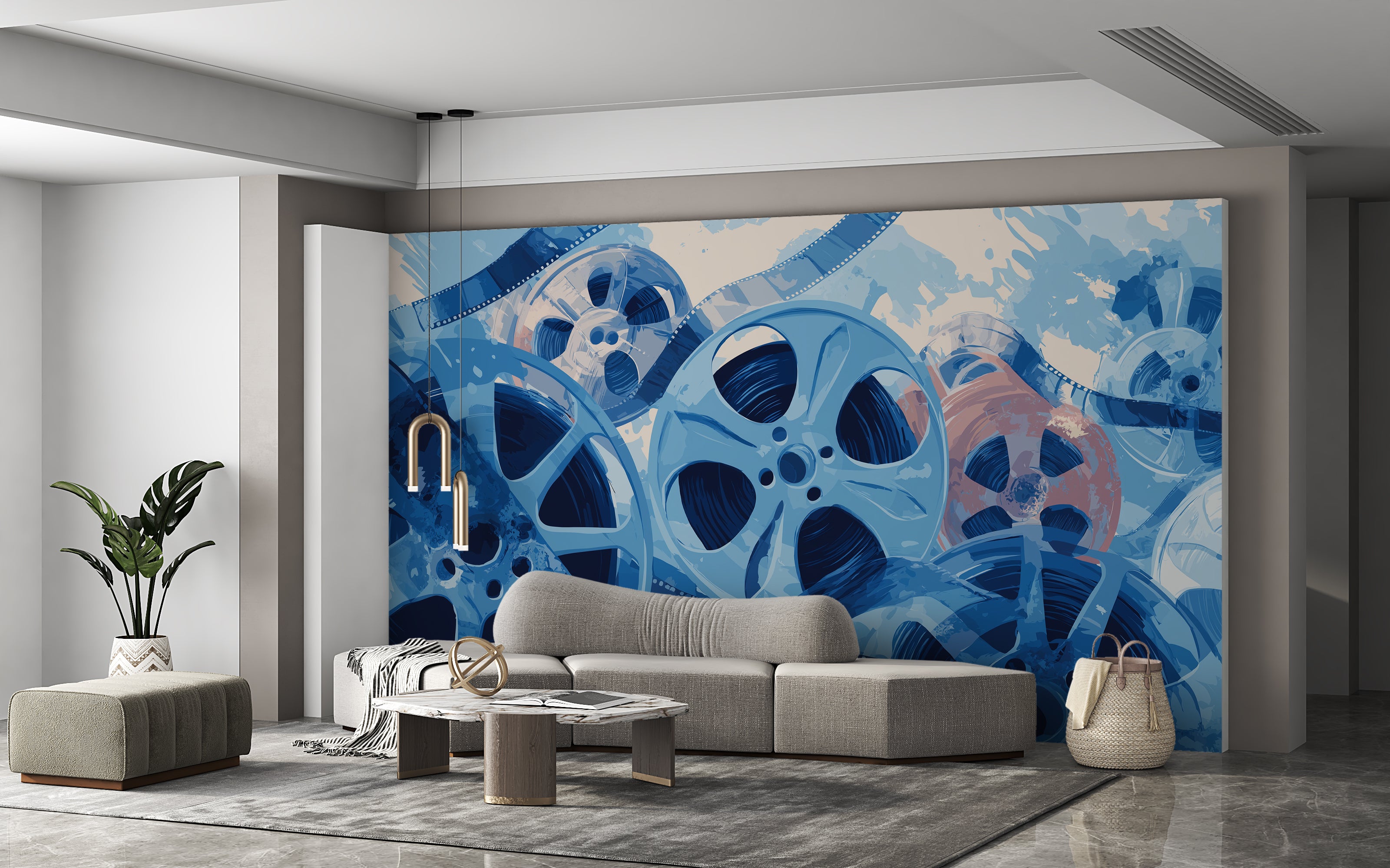 Blue and coral movie reel wallpaper for cafe decor