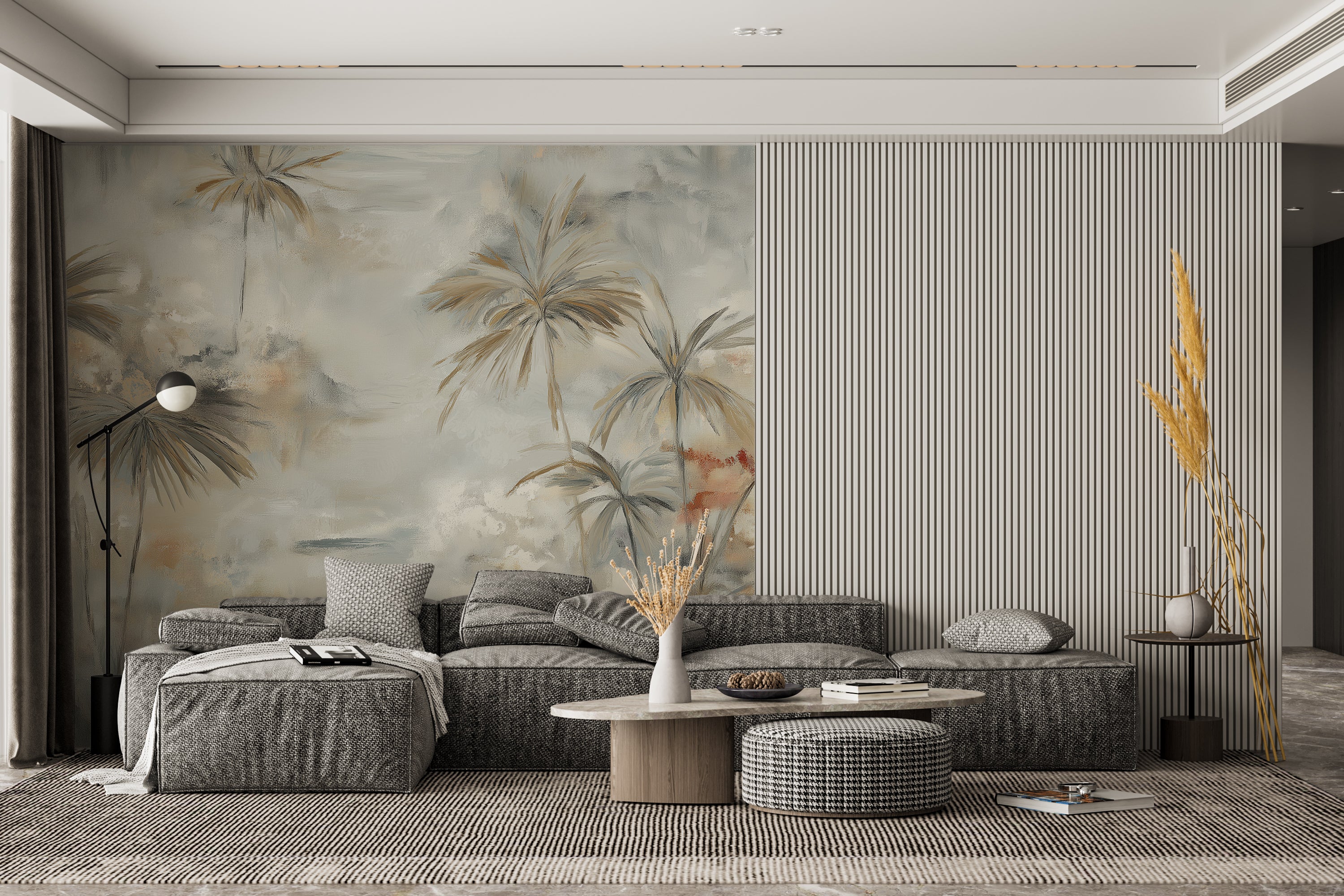 Artistic tropical wall mural with palm leaves