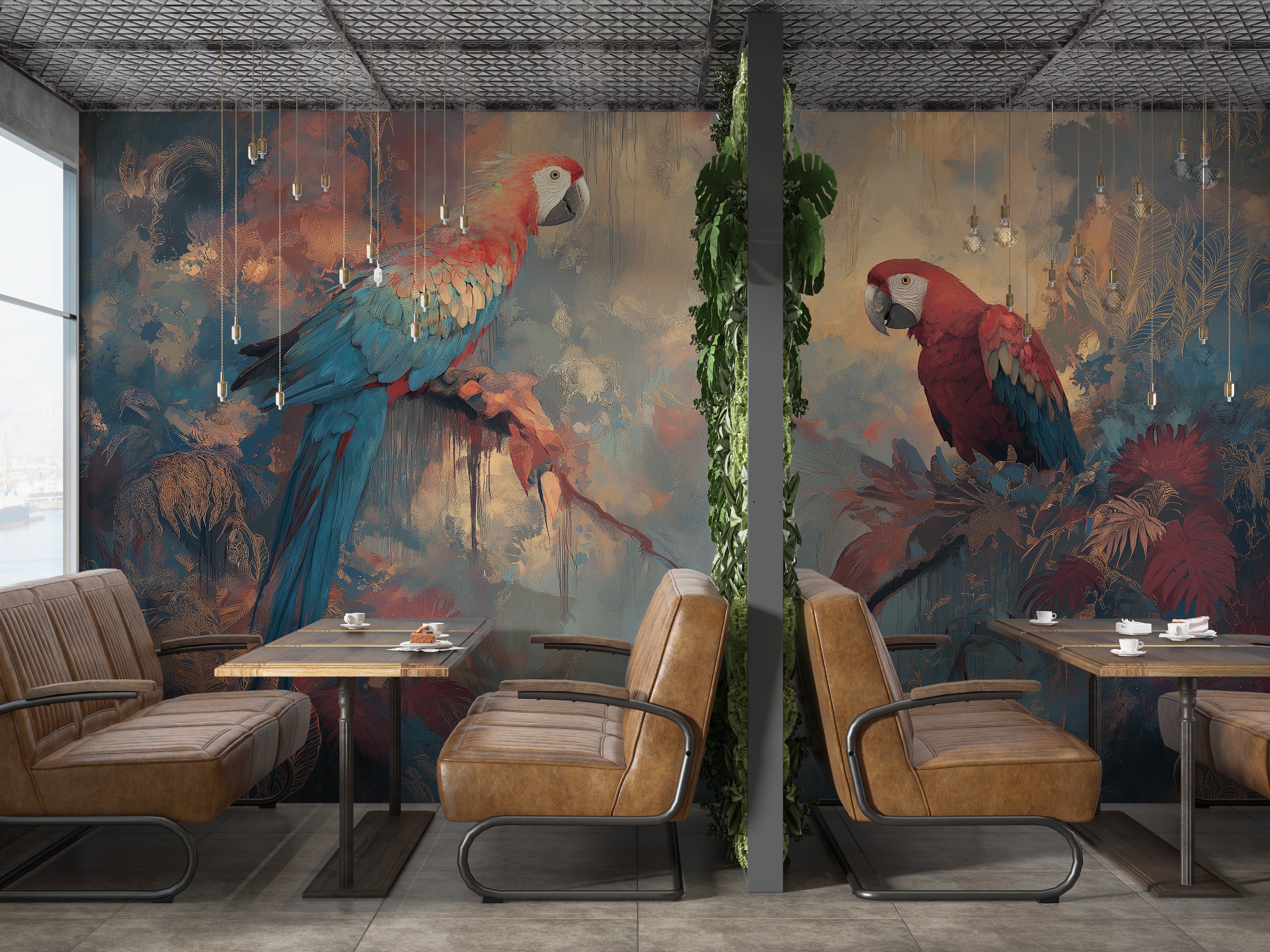 exotic macaw wall mural with detailed jungle leaves