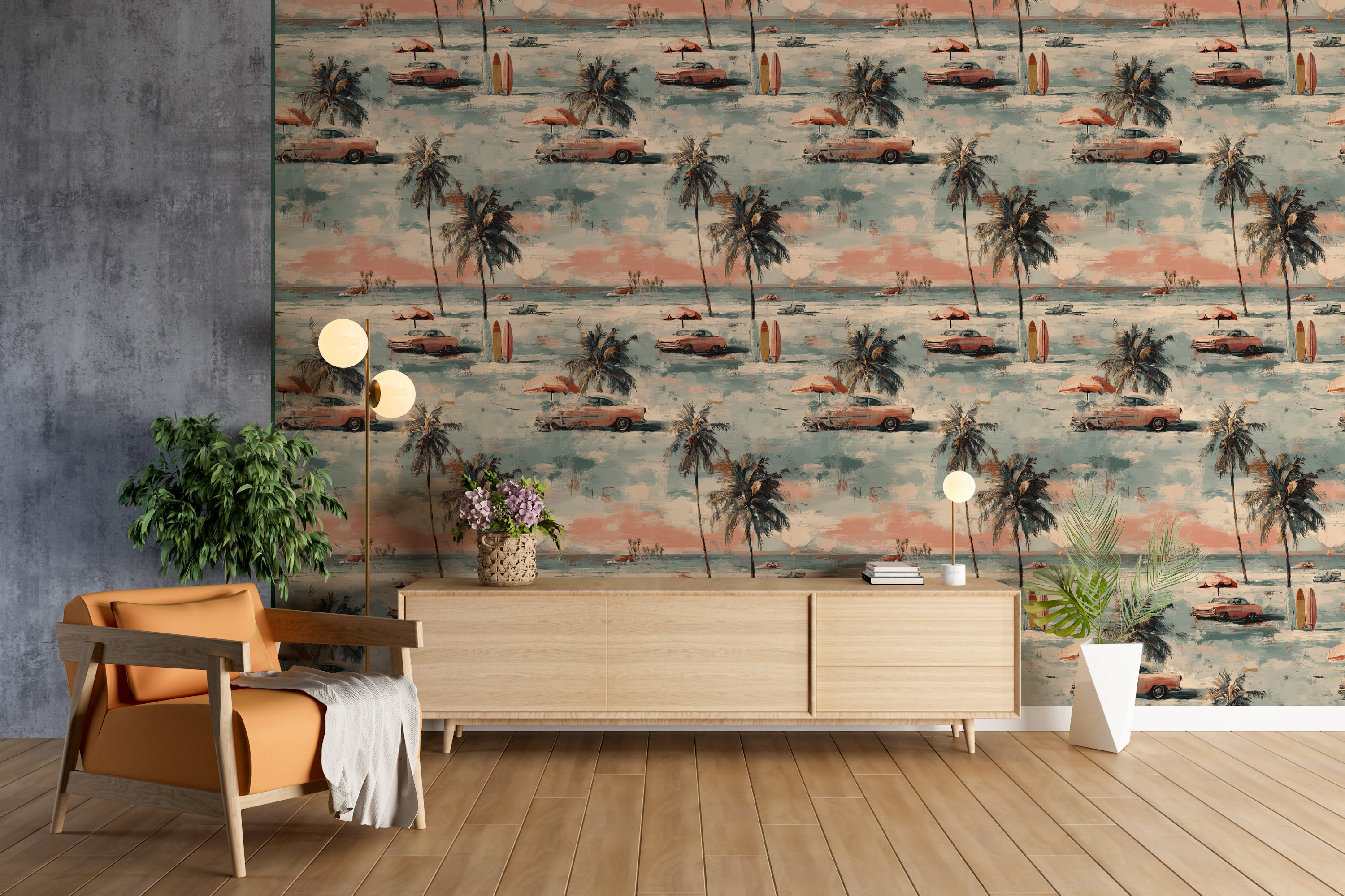 mid century modern coastal wall mural for living room decor