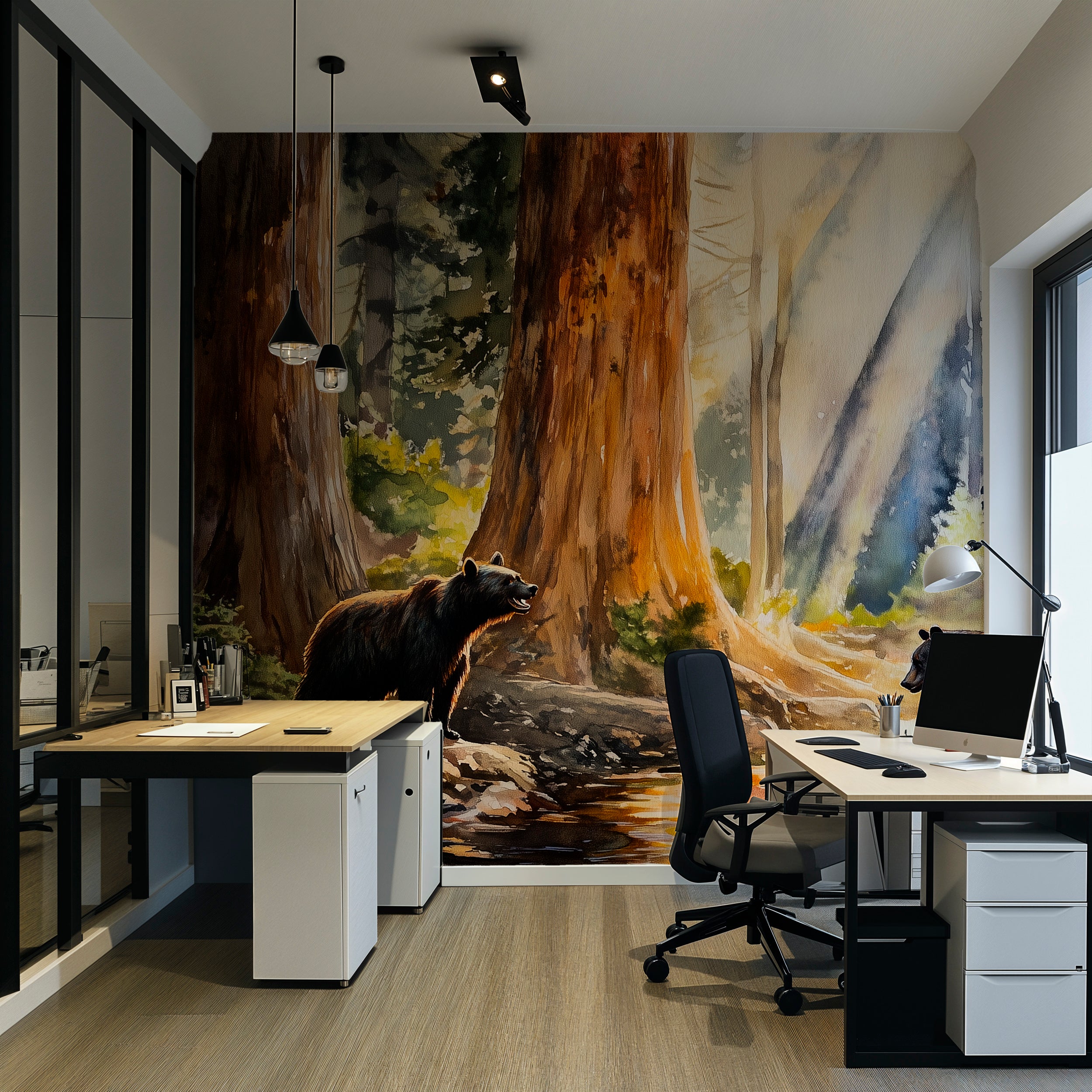 Black Bear and a Cub Mural, Peel and Stick Yosemite Park Wallpaper, Watercolor Woodland Life Mural, California Nature