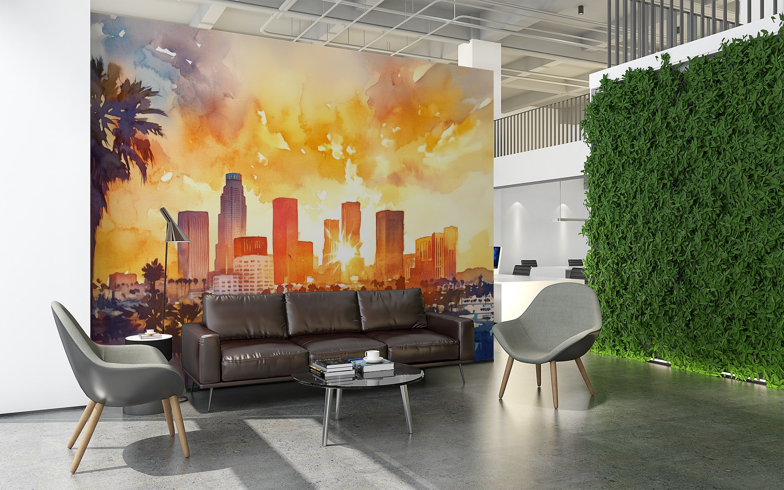 Los Angeles Sunset Mural, Peel and Stick Watercolor City Wallpaper, Los Angeles Downtown Art, California Iconic View Wall Decor