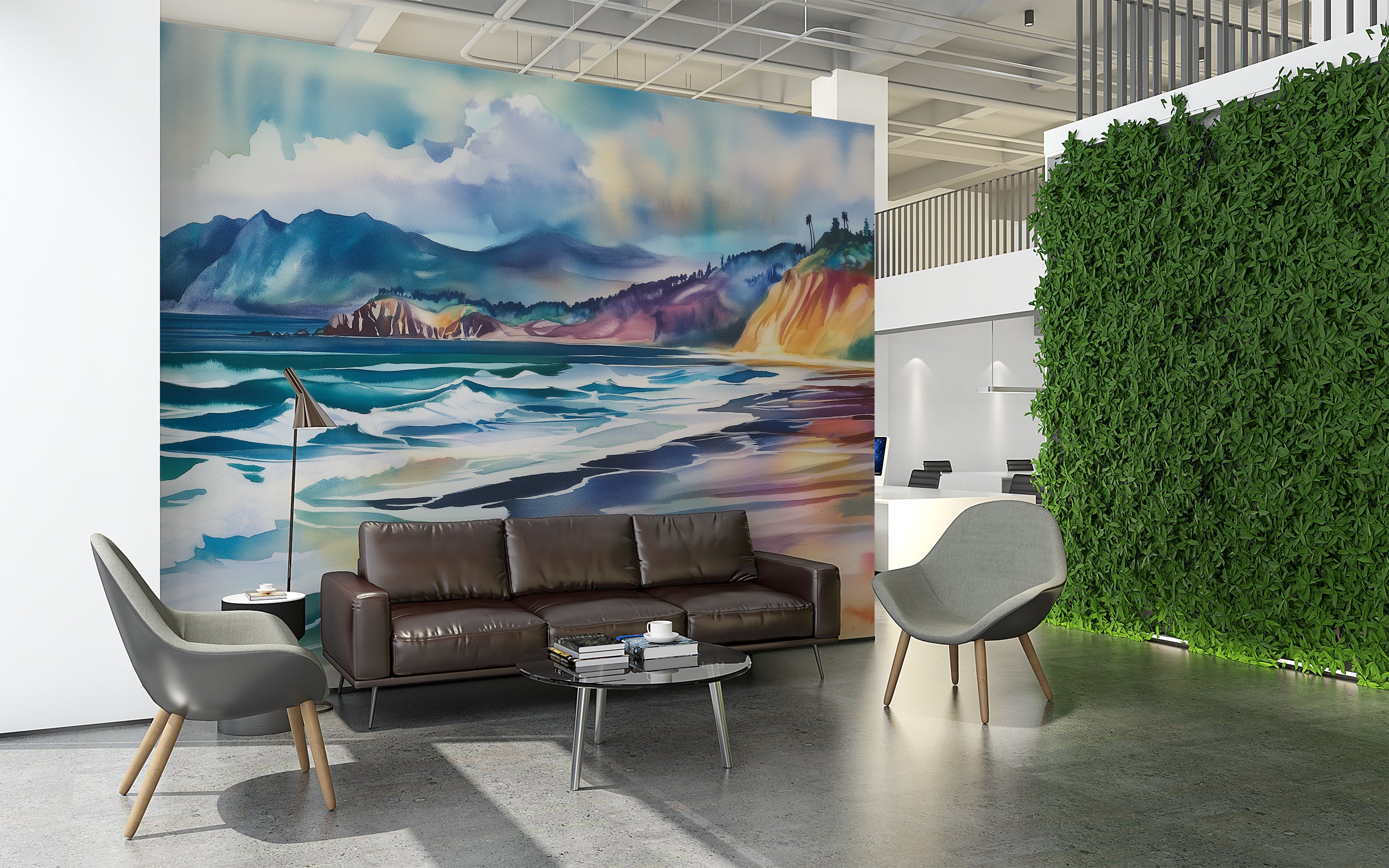 Colorful Beach Wallpaper, Peel and Stick California Coastal Mural, Removable Ocean Wall Art, Watercolor Beach and Mountains Decor