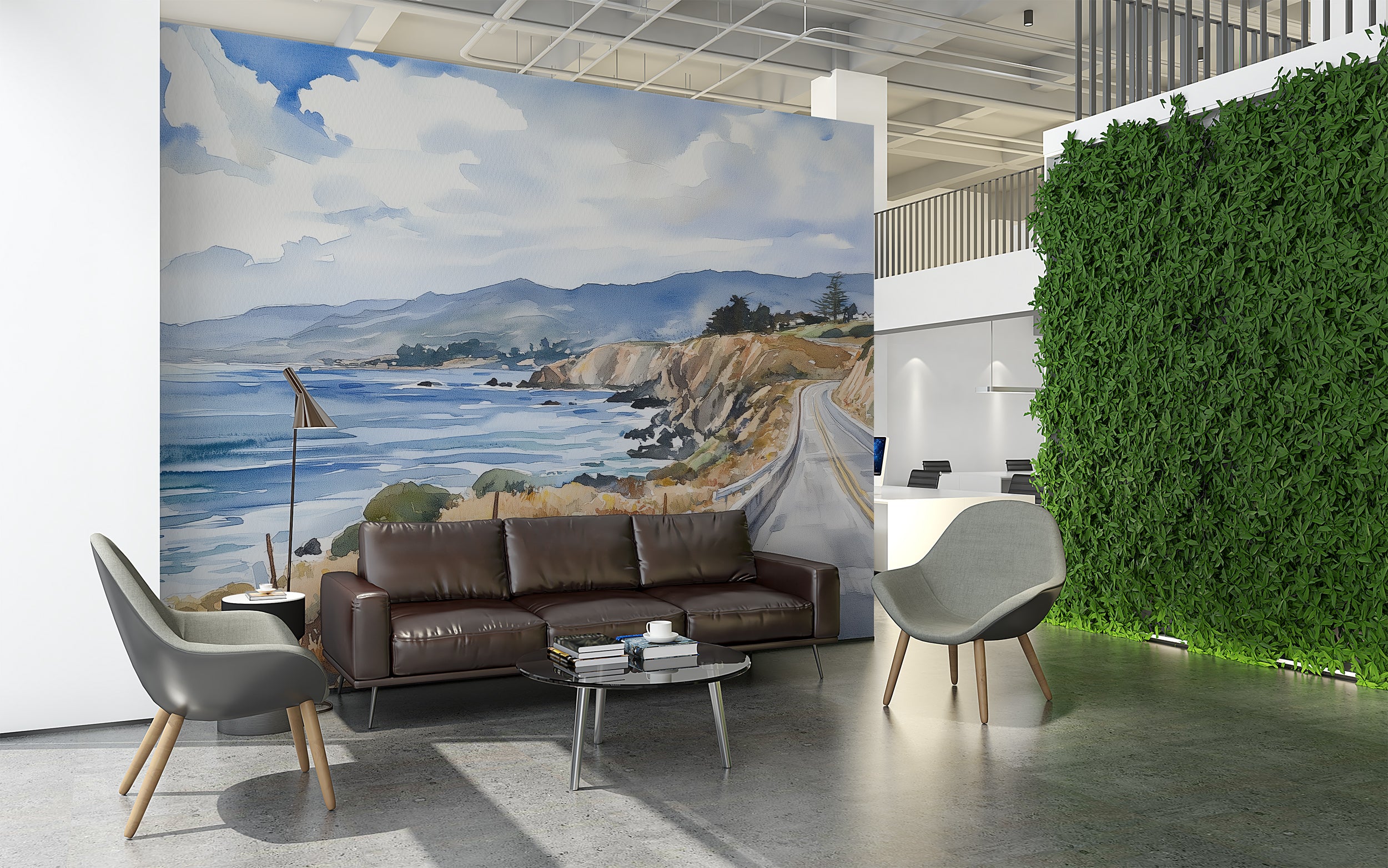 Watercolor Coastal Road Mural, Peel and Stick Breathtaking Ocean View Wallpaper, California Pacific Coast Highway Art