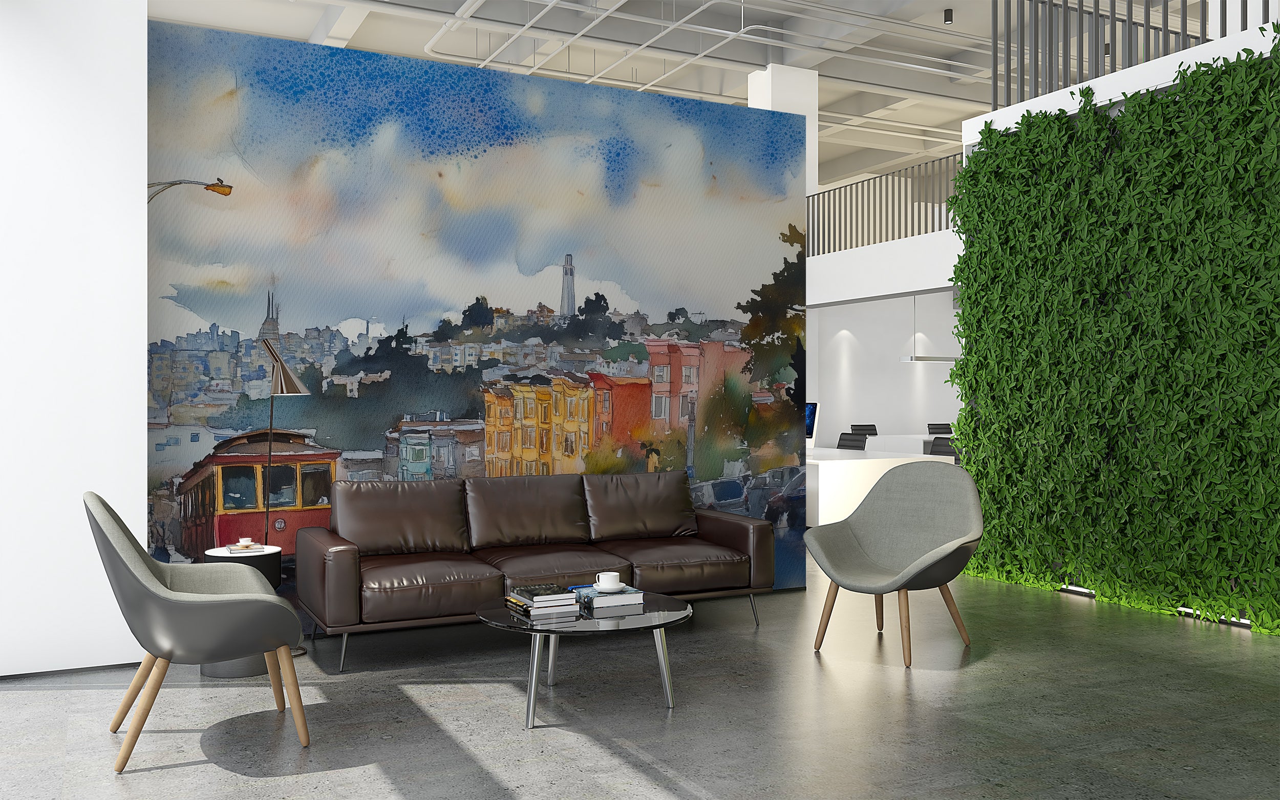 San Francisco Iconic View Mural, Peel and Stick City Landscape Wallpaper, Watercolor Colorful Tram in San Francisco Decor