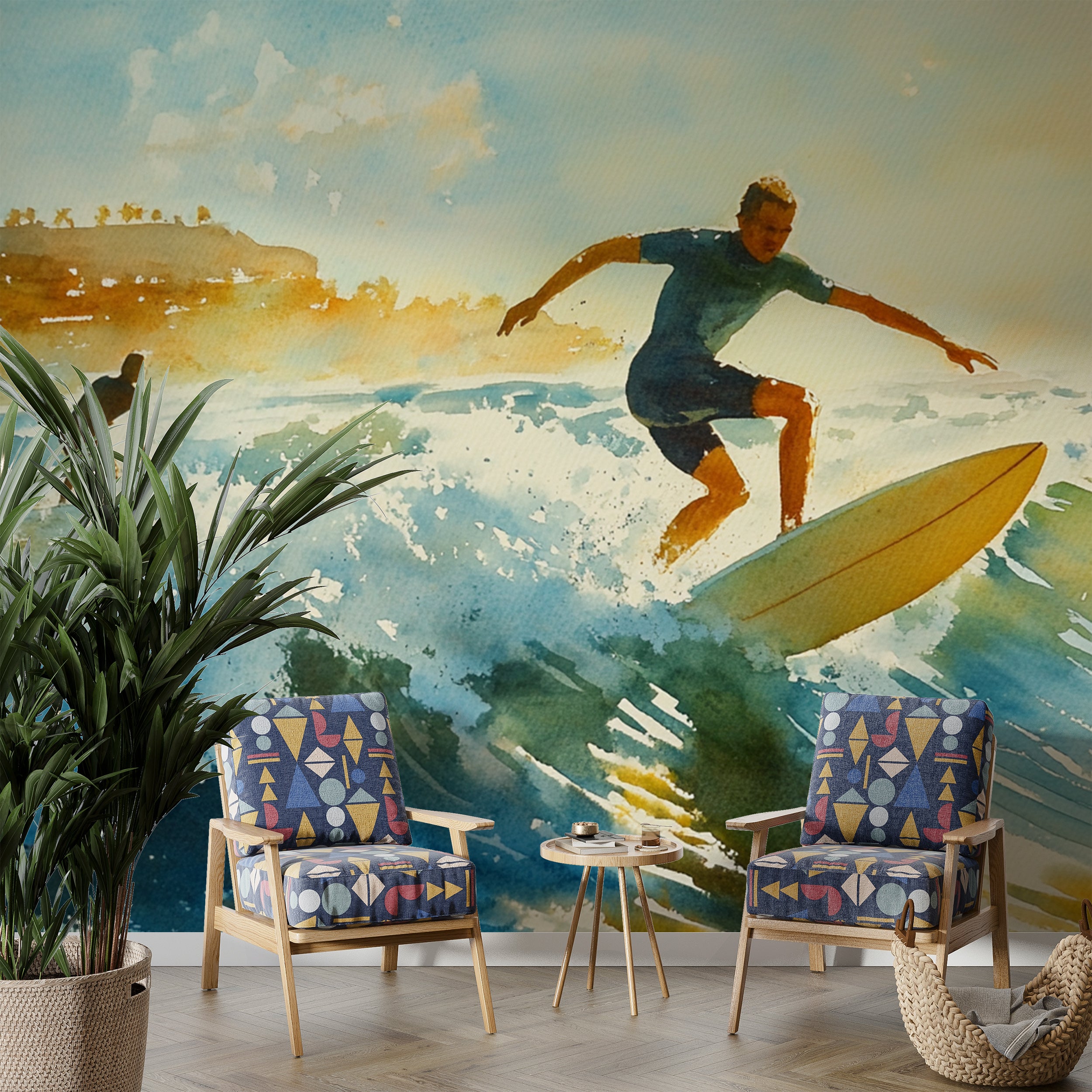 Surfers Wall Mural, Peel and Stick California Ocean Waves Wallpaper, Watercolor Surfers Coastal Art, Nautical Wallpaper