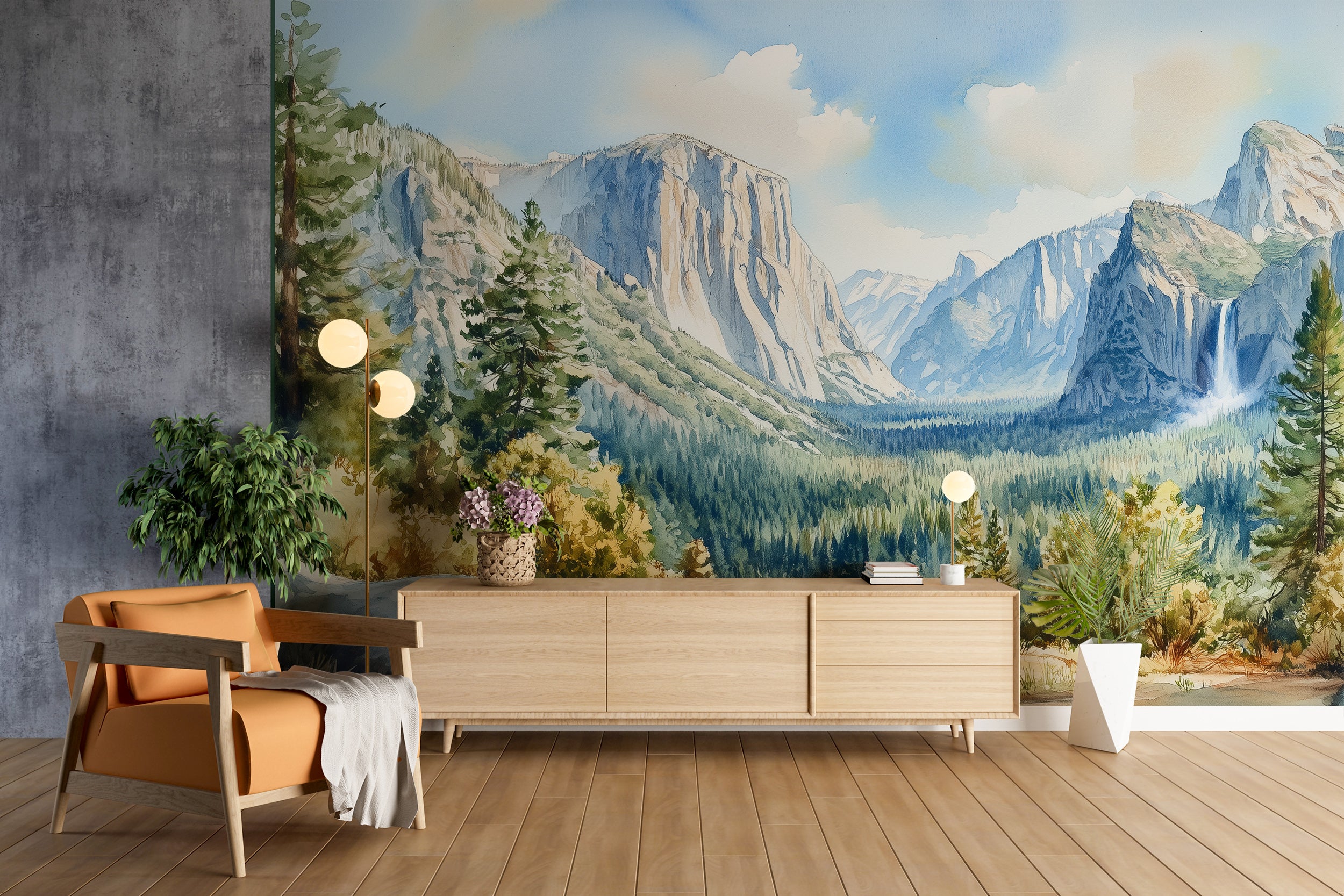 Watercolor Mountain Valley Mural, Peel and Stick National Park Wallpaper, Removable Yosemite Park Scenic Wall Decor