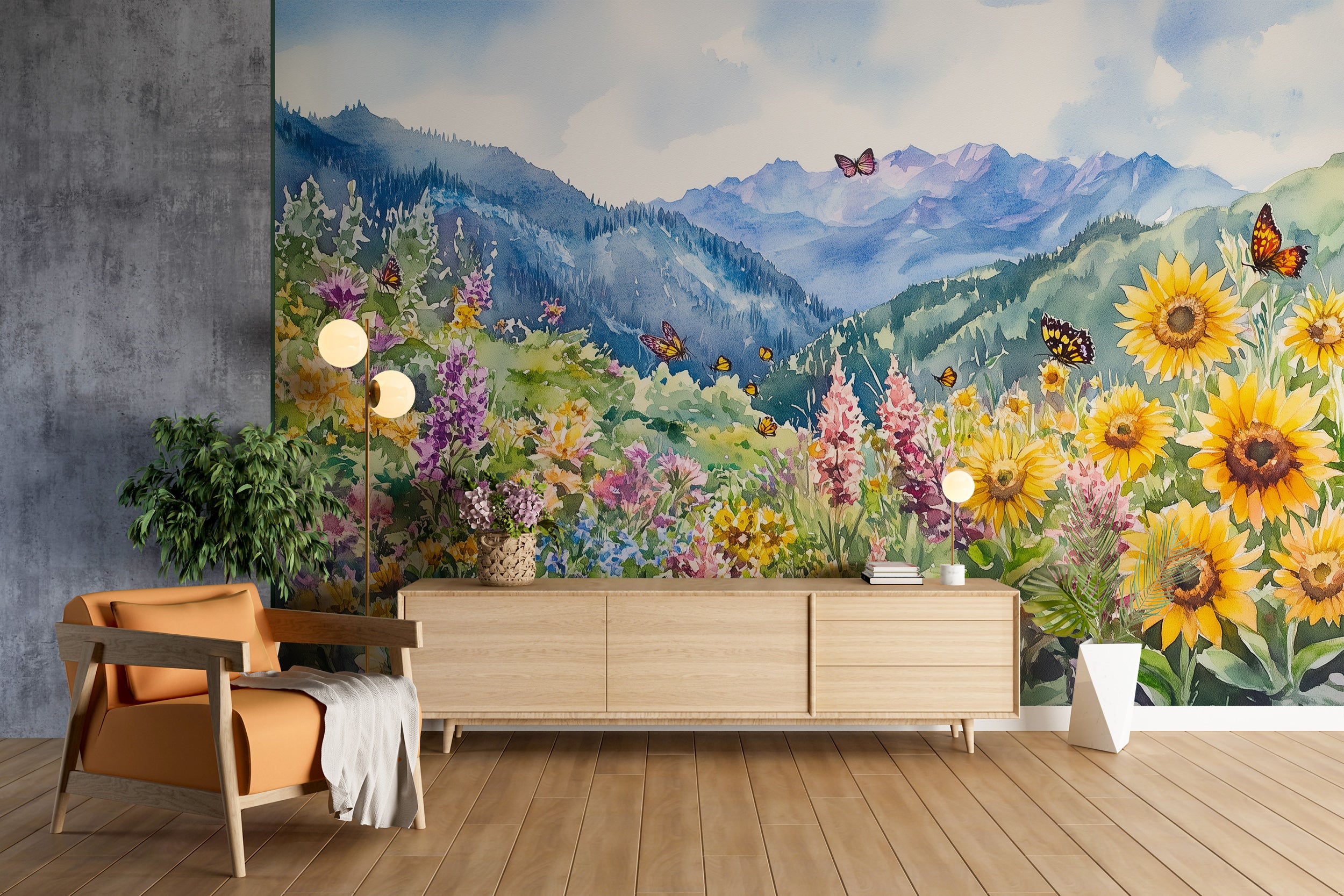 Wildflower Meadow Wallpaper, Peel and Stick Colorful Floral Mural, Watercolor Colorado Mountain Flower Field Art