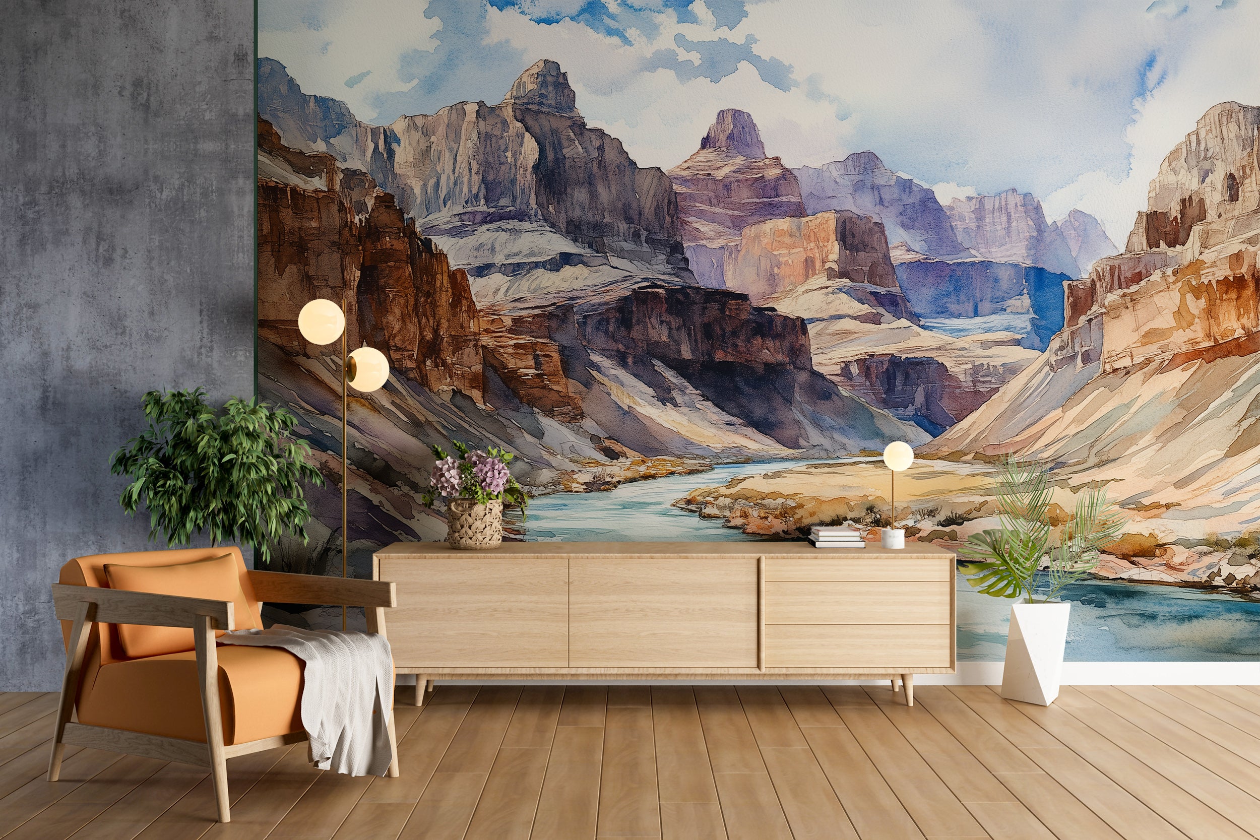 Colorado Canyon River Wall Mural, Peel and Stick Watercolor Canyon Wallpaper, Removable Wild River Accent Wall Art