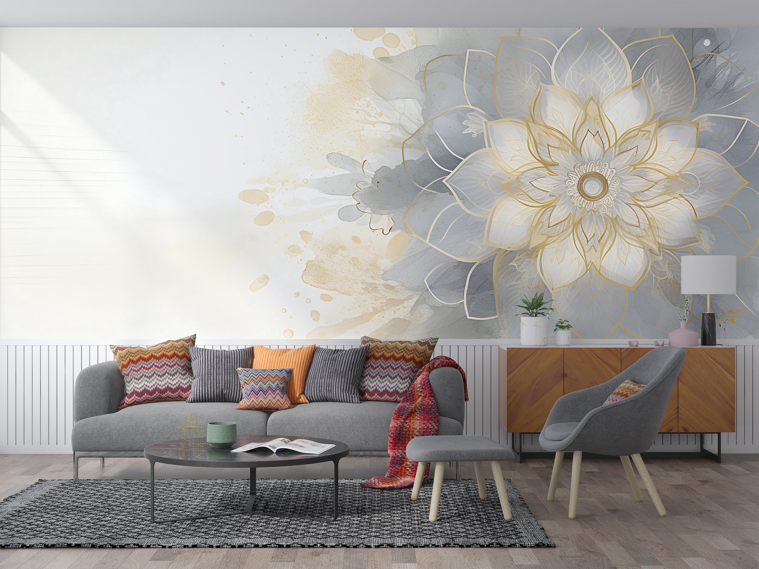 Gray Mandala Mural With Watercolor Rose Design