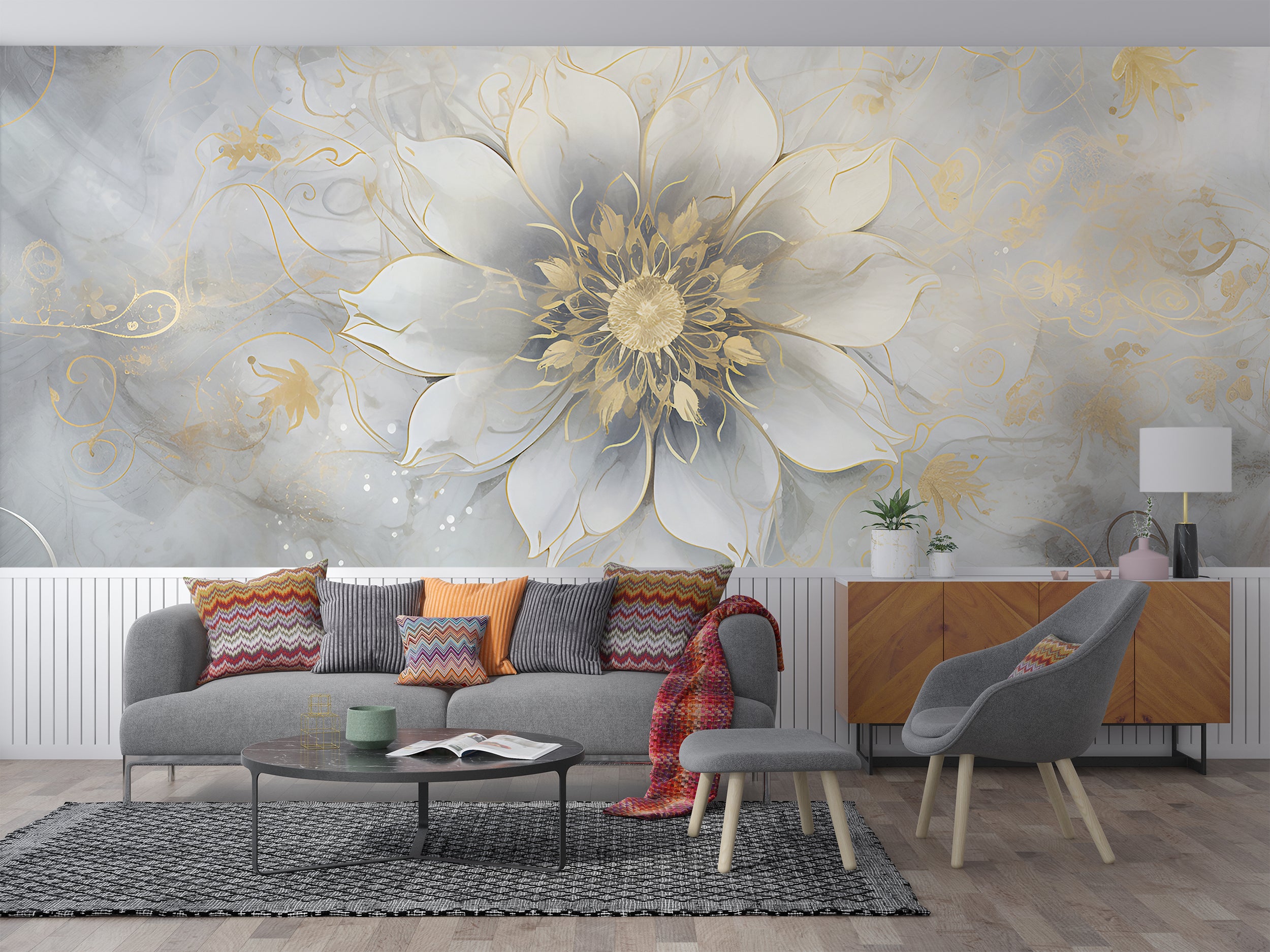 Bold Yellow and Gray Lotus Mural