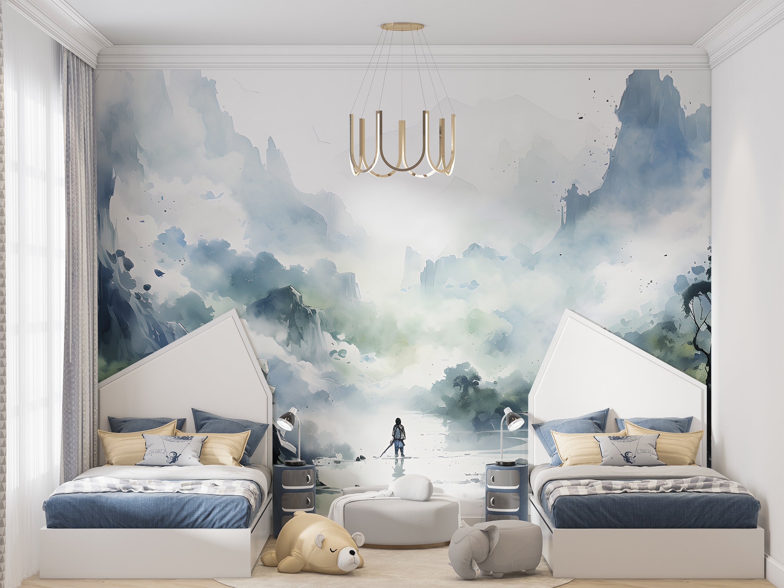 Tranquil Blue Watercolor Mountains Wallpaper