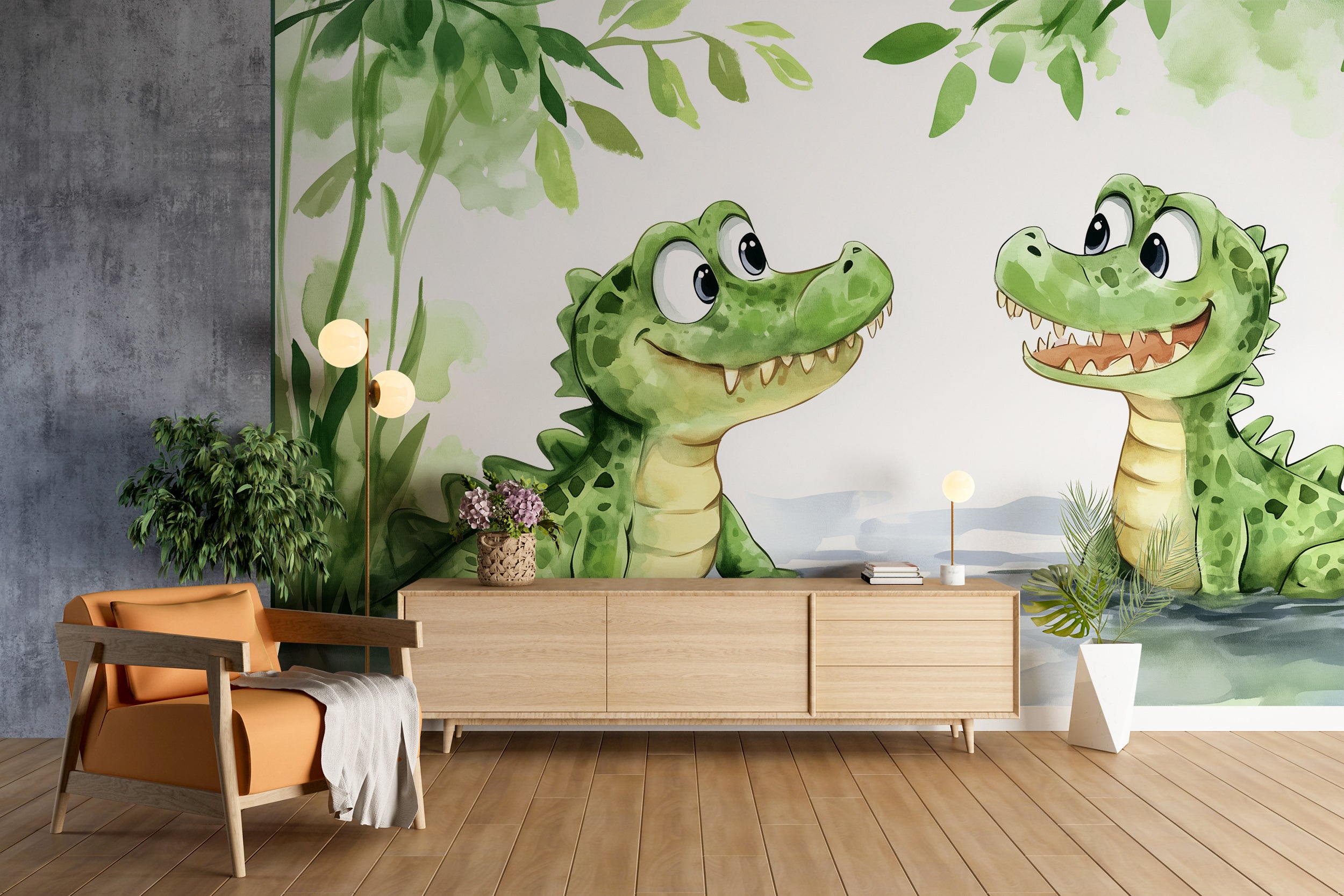 Cute Crocodiles Wall Mural, Peel and Stick Cartoon Style Alligators in the River Wallpaper, Nursery Watercolor Animals Art