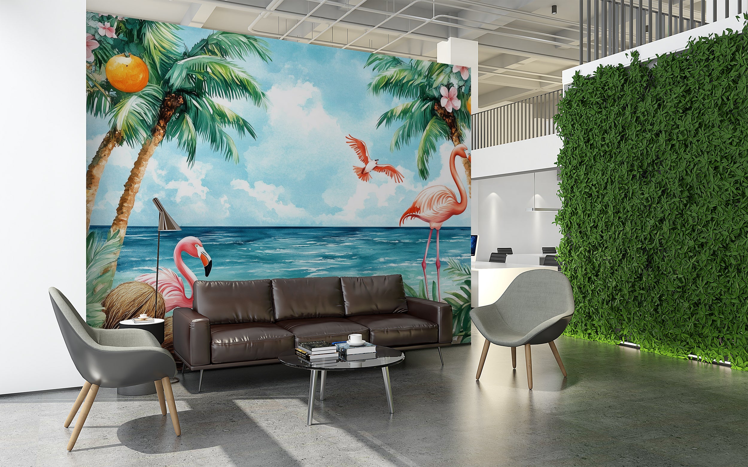 Dreamy Tropical Beach Mural, Peel and Stick Flamingos and Palm Trees Wallpaper, Ocean Calm Beach Colorful Wall Decor