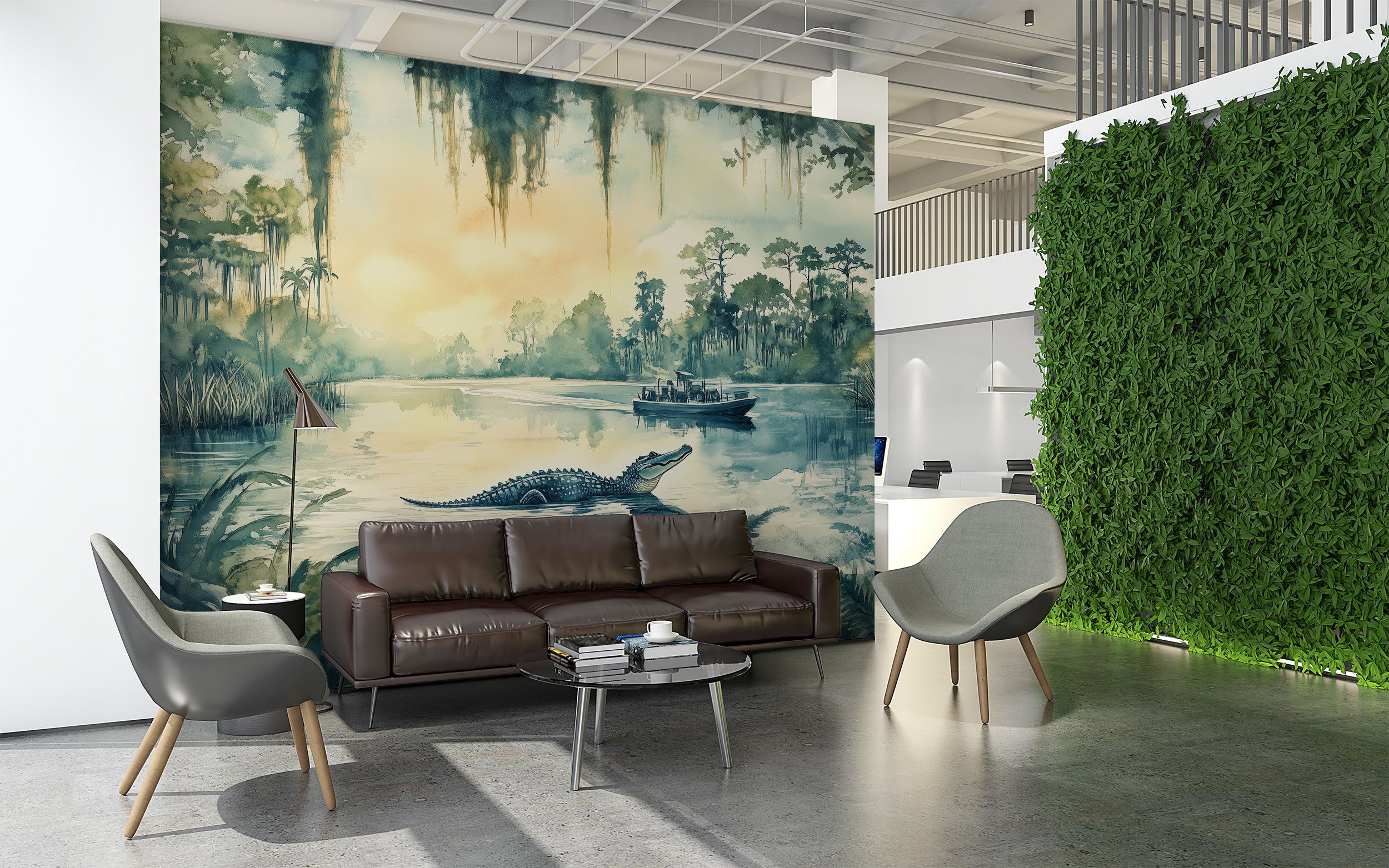 Vintage Scenic River Wall Mural, Peel and Stick Alligators in Wild Nature Wallpaper, Florida Jungle River Wall Mural