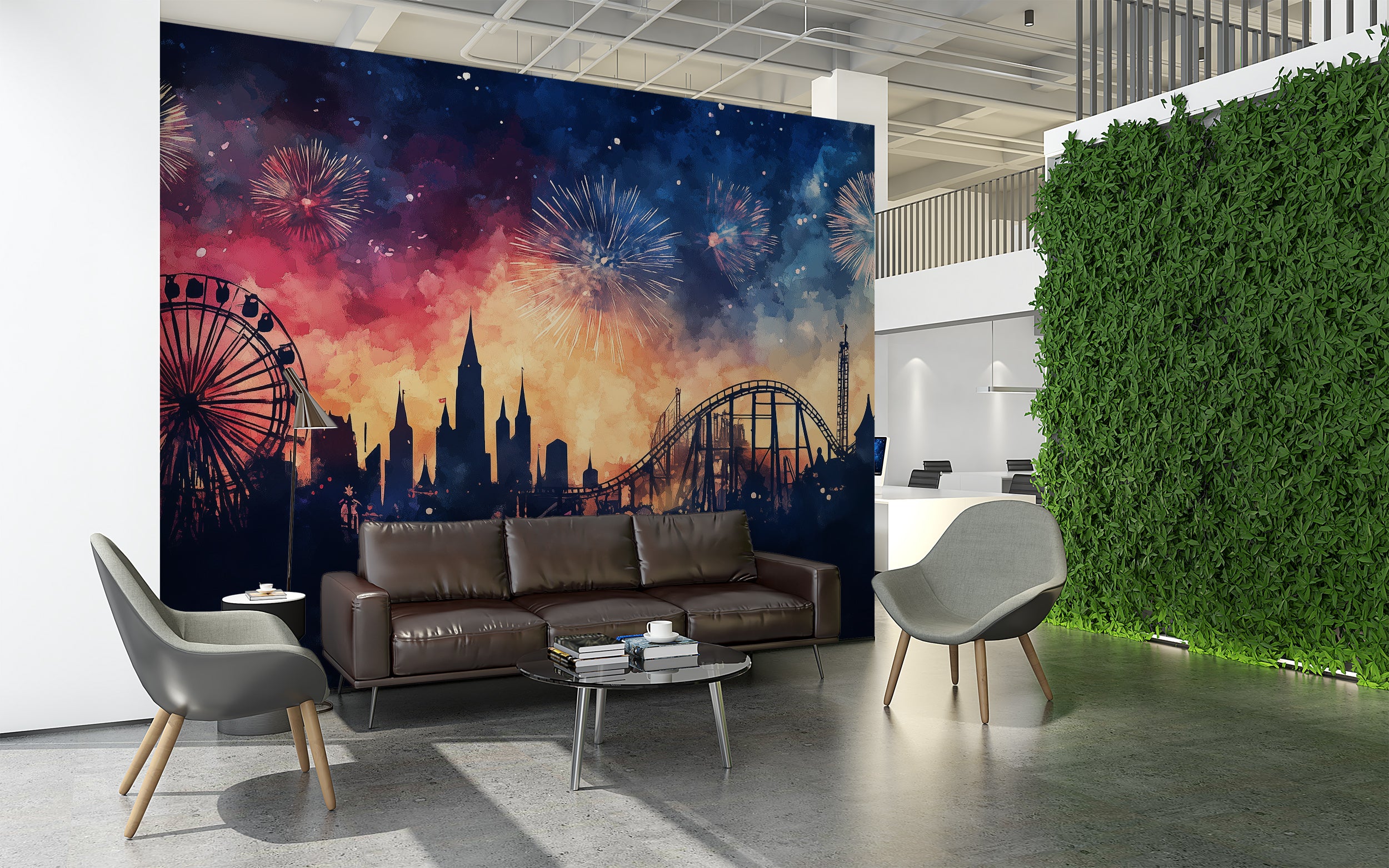 Ferris Wheel and Castle Wallpaper, Peel and Stick Florida Iconic Park View Mural, Fireworks Colorful Wall Art