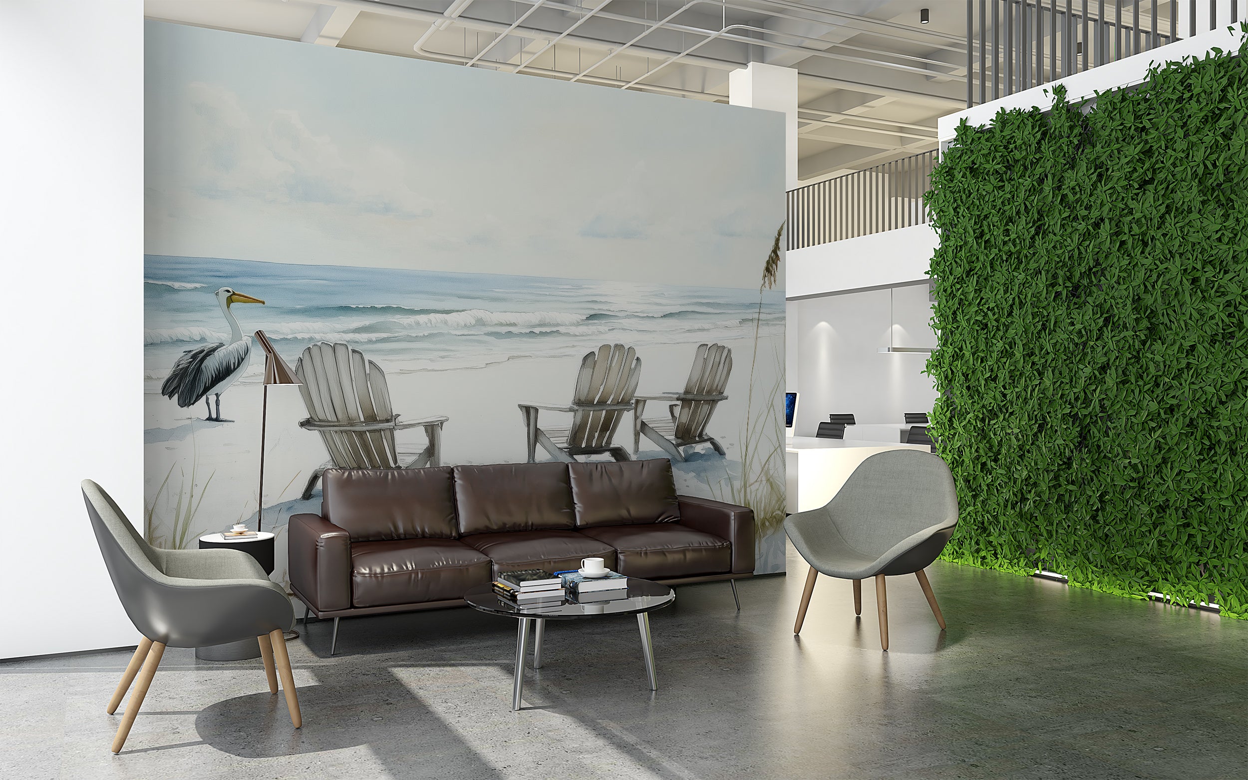 Pelicans on White Sand Beach Mural, Peel and Stick Calm Ocean Wallpaper, Florida Coastal Wall Decor