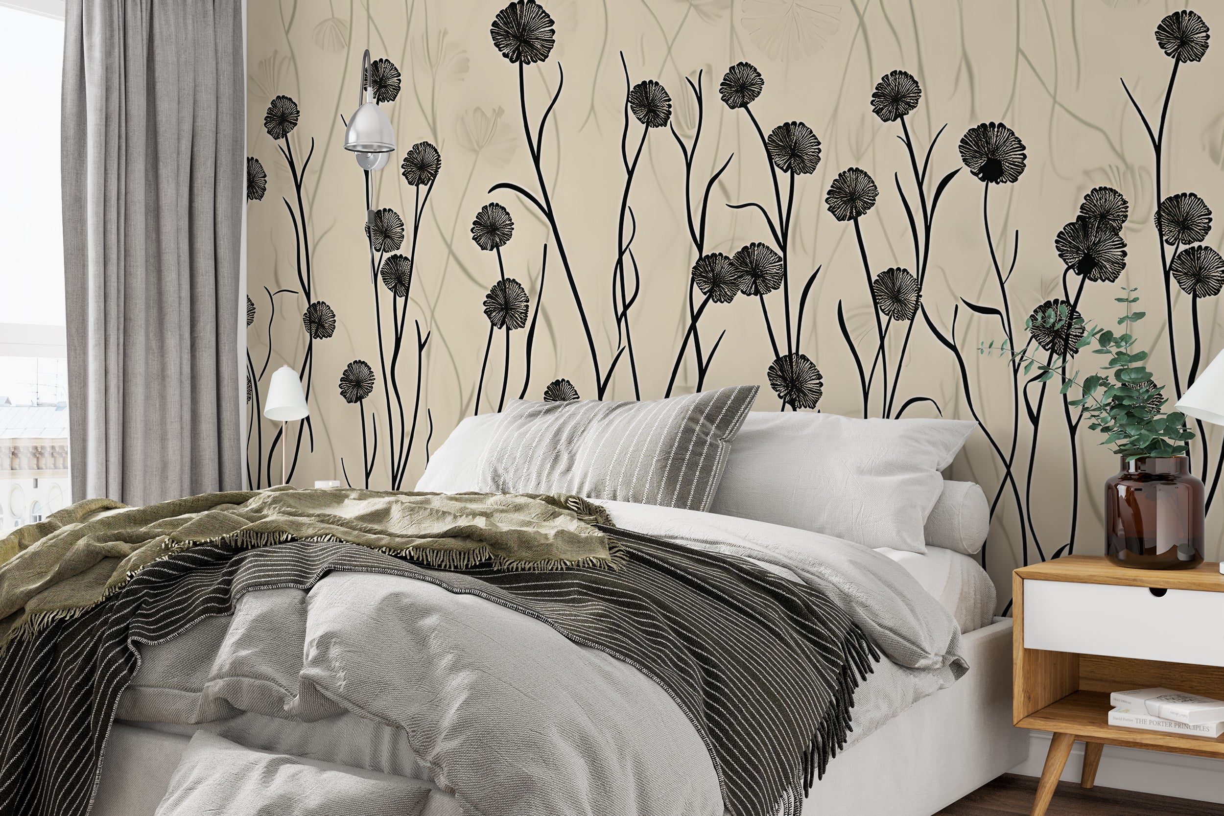 Beige Plants Wall Mural, Light Botanical Wallpaper, Abstract Floral Wall Decal, Peel and Stick Beige Flower Mural, Meadow Flowers Mural