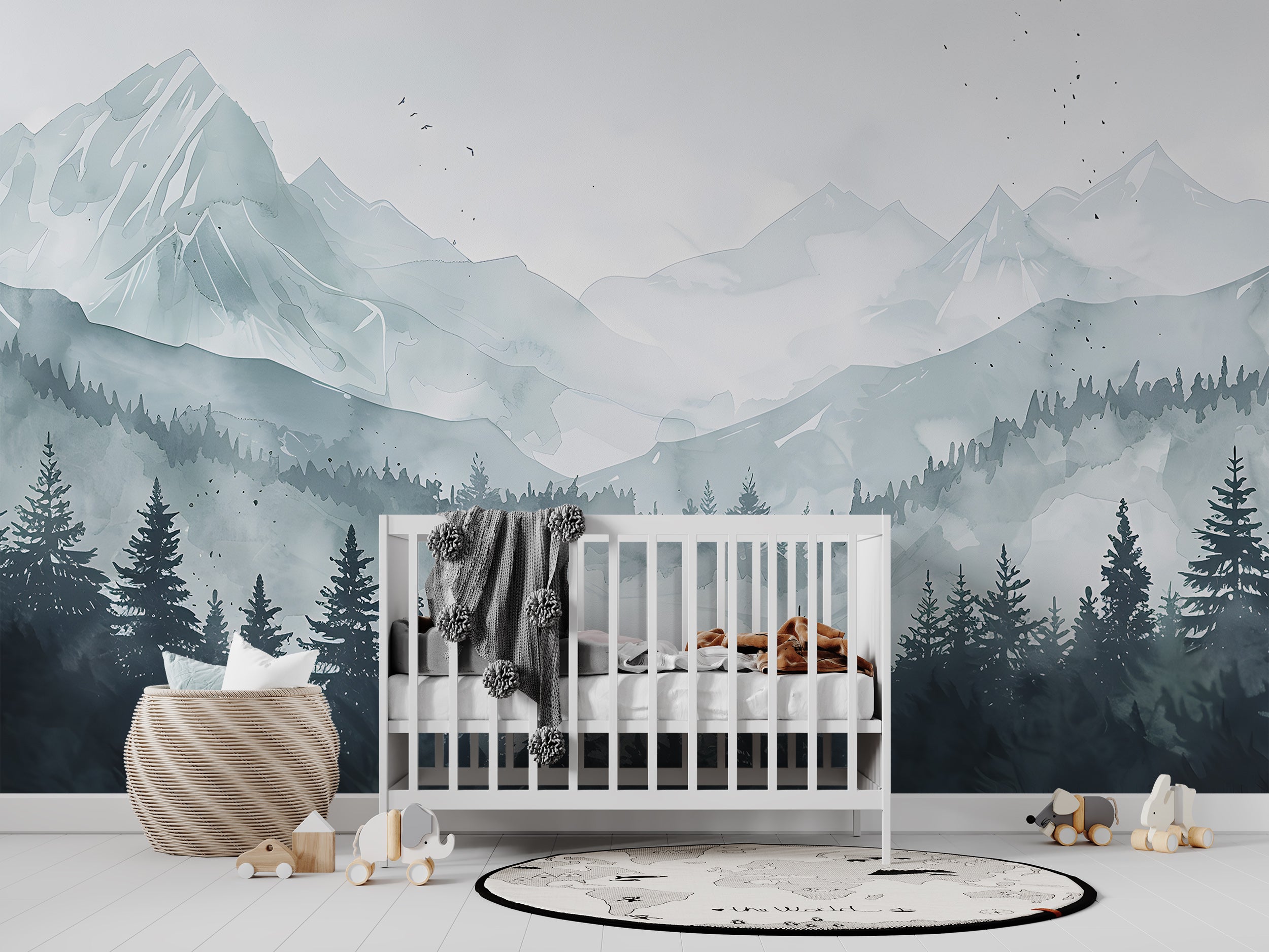 Mountain and Forest Landscape Mural, Watercolor Mountains Wallpaper, Peel and Stick Pine Forest Wall Decal, Nursery Blue Mountain Mural