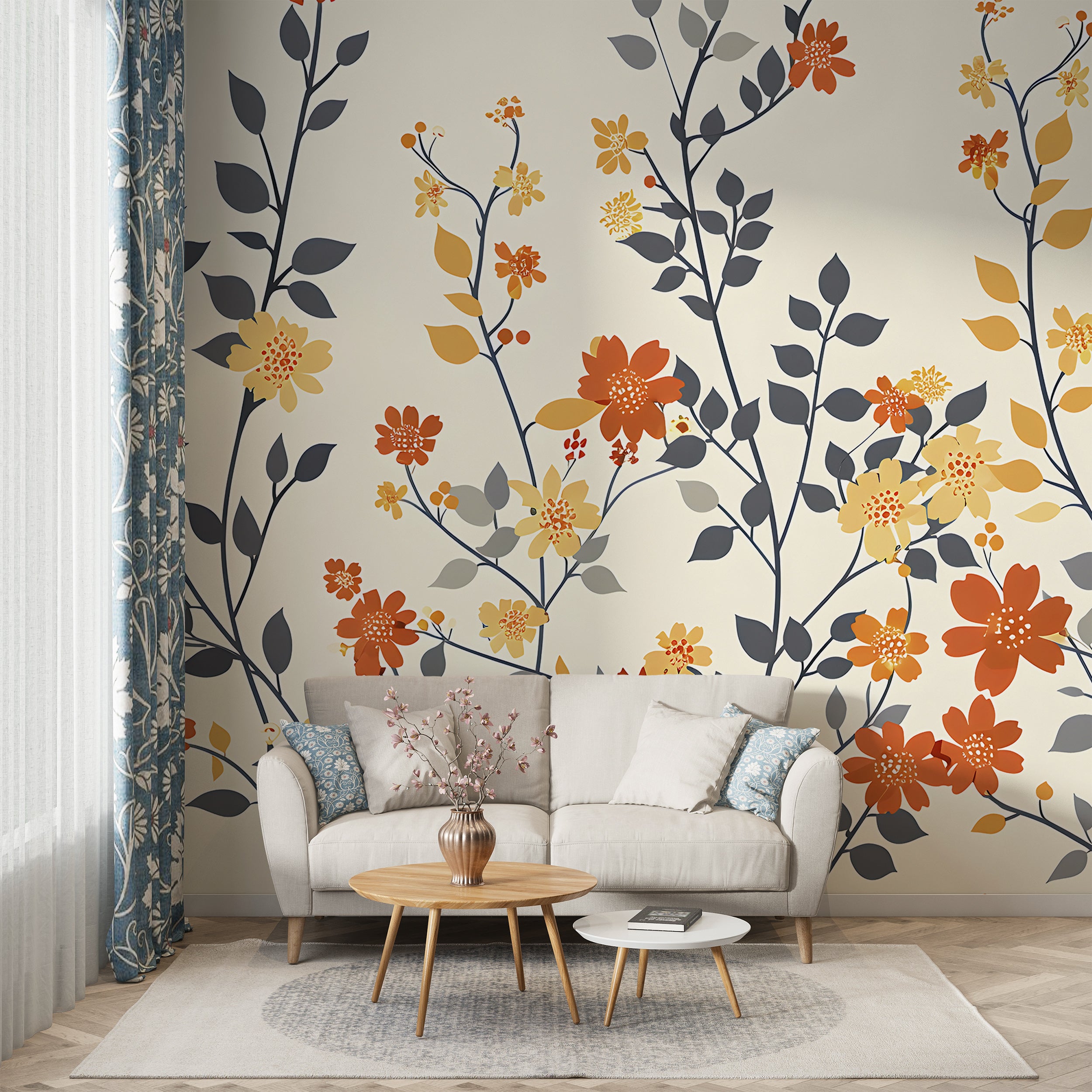 Beige Floral Mural, Red and Yellow Flowers Wallpaper, Self-adhesive Botanical Wall Decal, Removable Pastel Colors Meadow Flower Mural