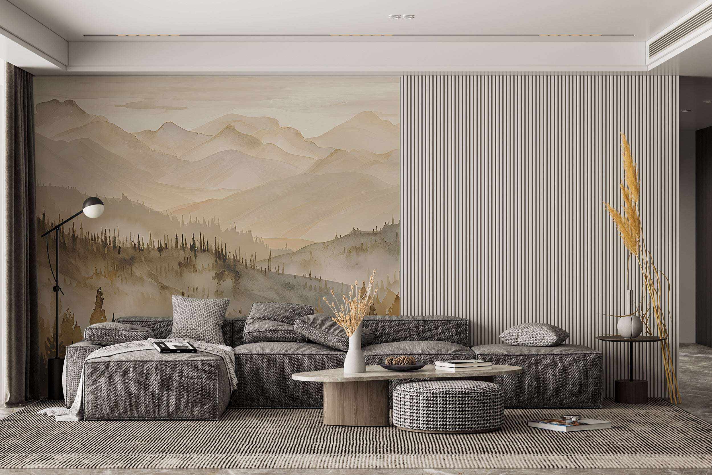 Brown and Beige Landscape Mural, Watercolor Mountains and Forest, Peel & Stick Nature Wall Decal, Removable Beige Pine Tree Forest