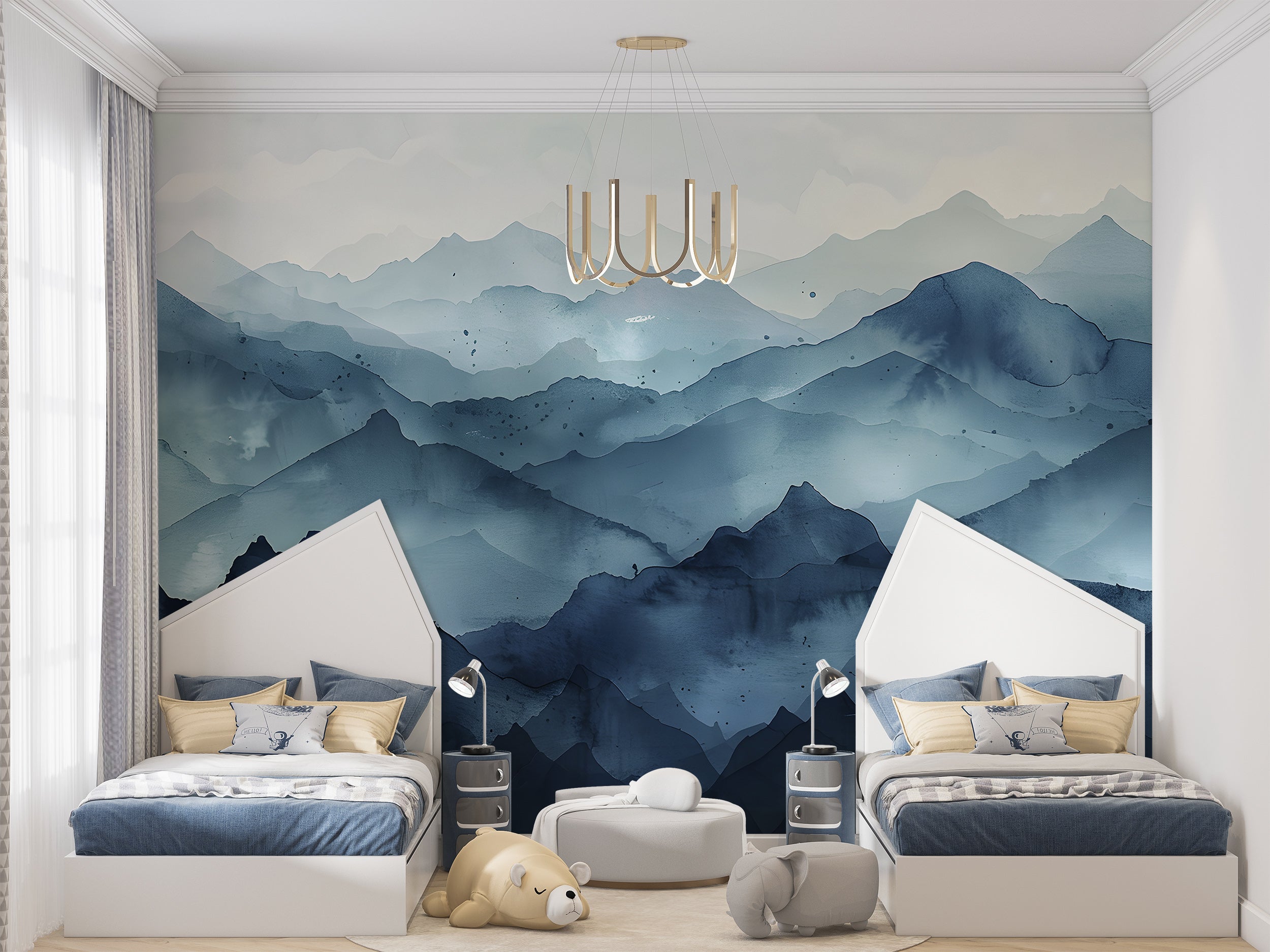 Dark Blue Mountains Mural, Watercolor Mountain Landscape Wallpaper, Peel and Stick Navy Blue Nature Art, Nursery Mountains Wall Decal