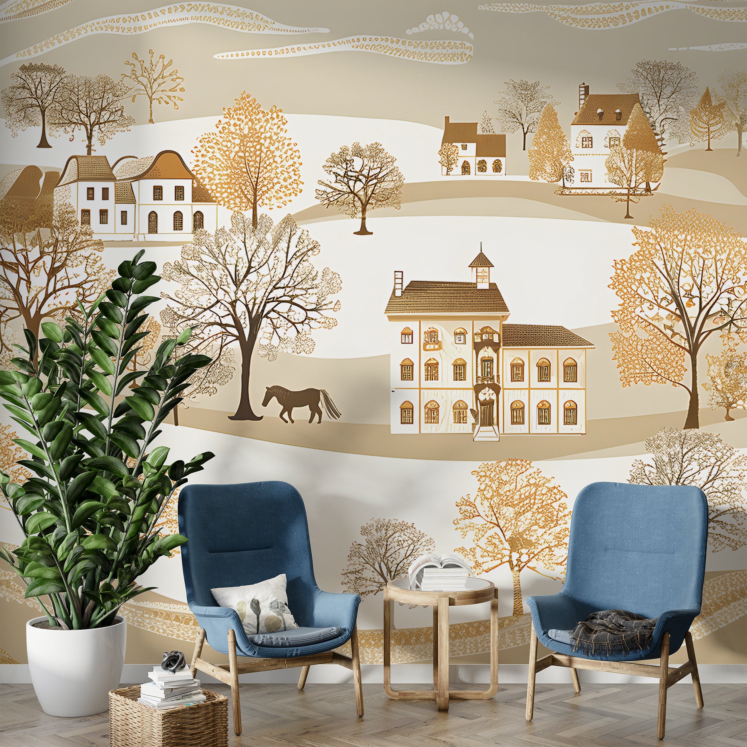 Beige Landscape with Houses and Trees Wallpaper, Seamless Horizontal Pattern Mural, Watercolor Classic Wall Art, Peel and Stick Traditional Village Mural