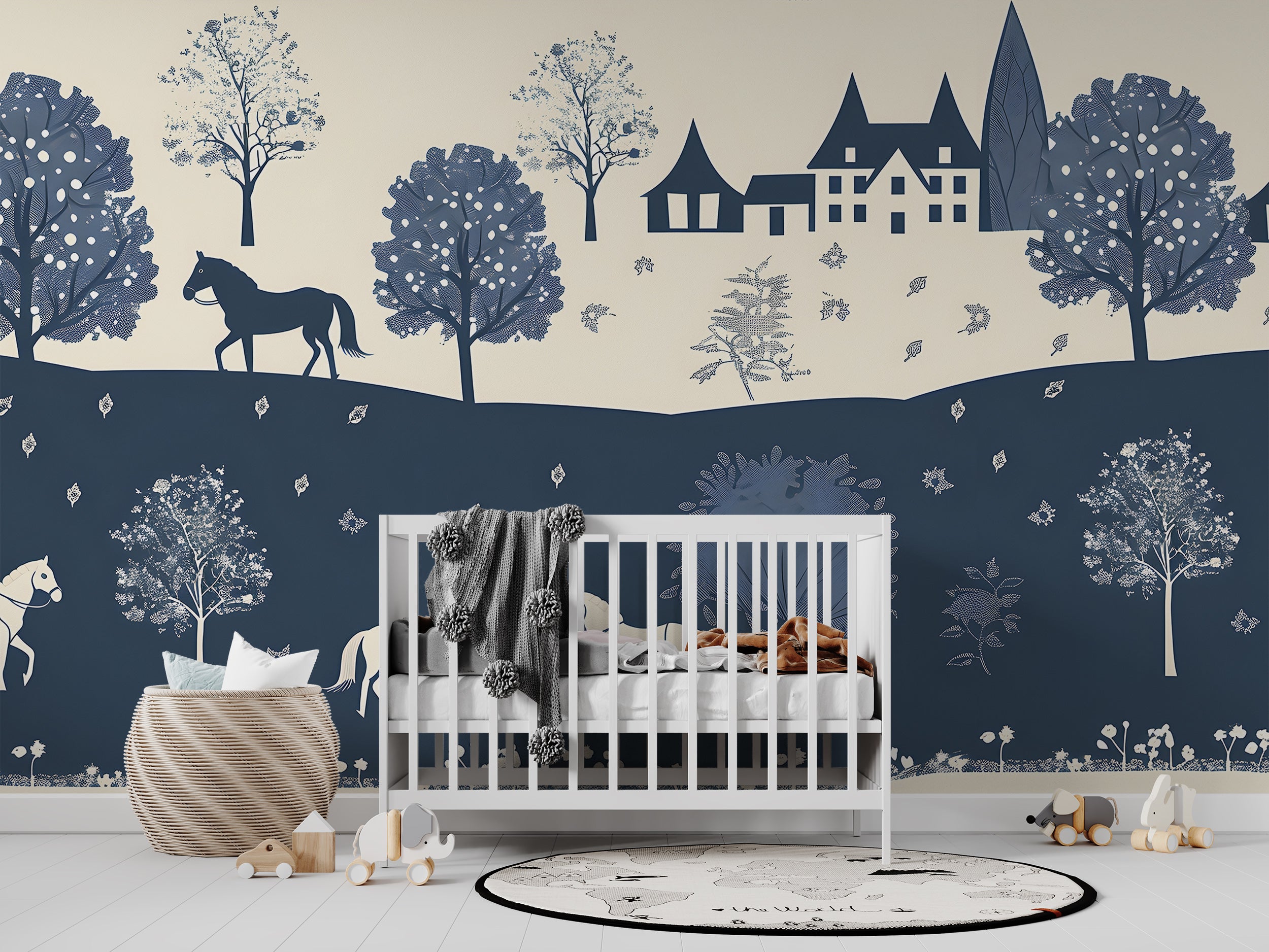 Blue and Beige Traditional Wallpaper, Watercolor Old Town Landscape Mural, Horizontal Seamless Pattern Classic Wallpaper, Peel and Stick House and Horses