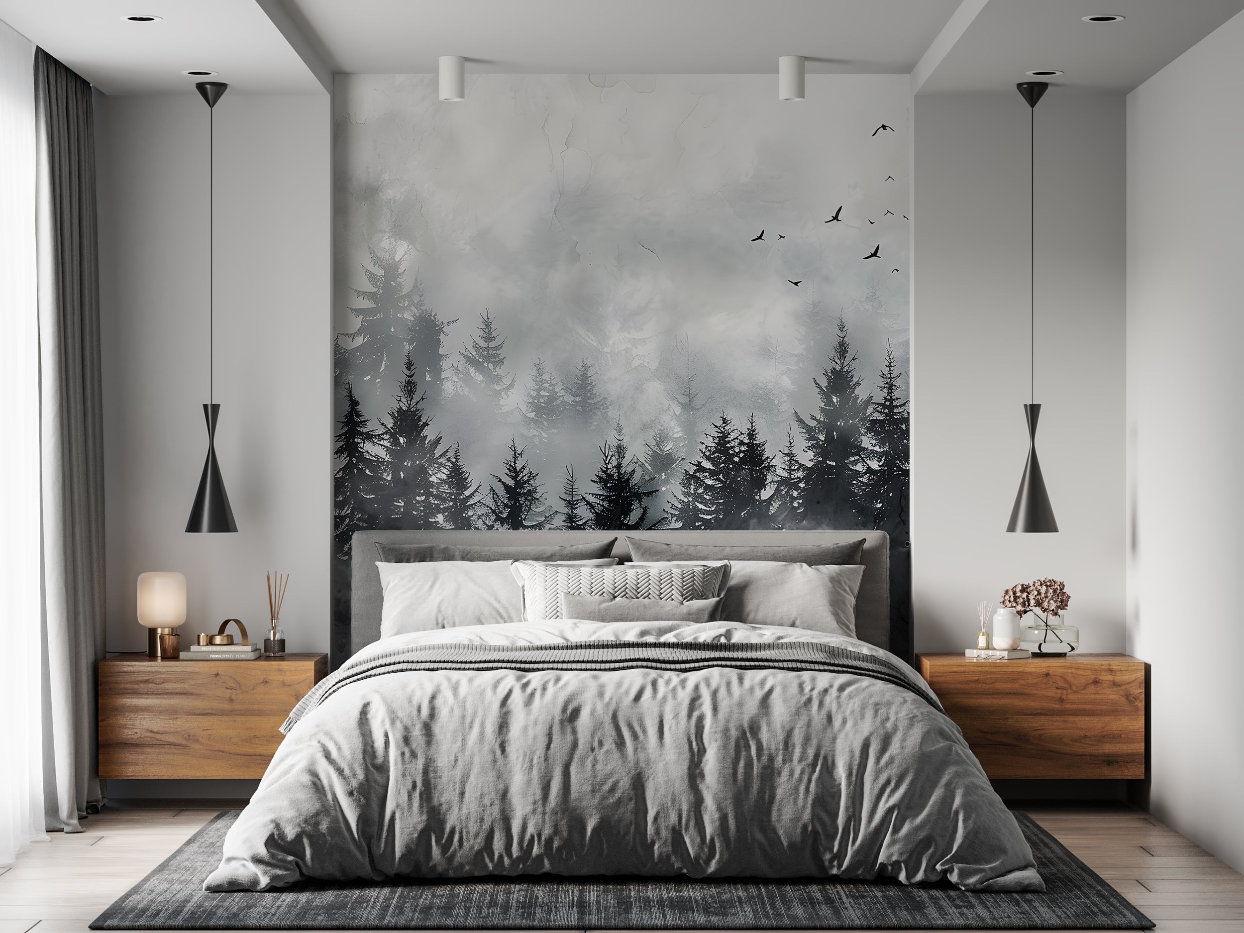 Black Foggy Forest Mural, Dark Watercolor Pine Tree Forest Wallpaper, Peel and Stick Clouds, Removable Birds and Trees Black & White