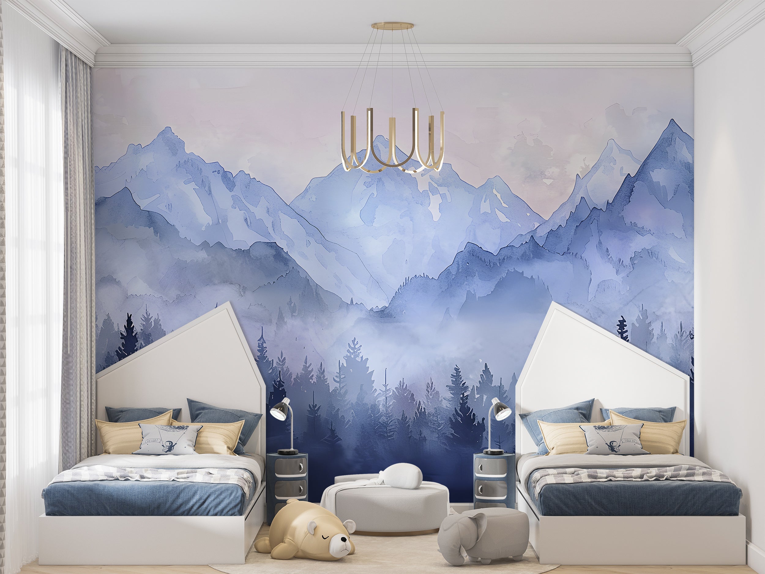 Watercolor Pastel Blue Mountains Mural, Forest and Mountain Landscape Wallpaper, Self-adhesive Removable Blue Nature Nursery Decal
