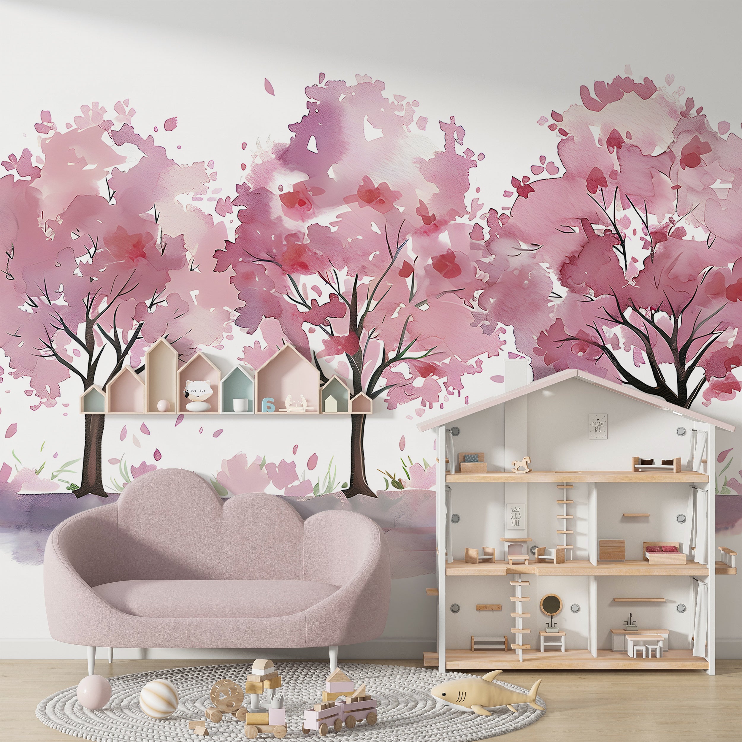 Nursery Pink Trees Mural, Watercolor Three Trees Wallpaper, Peel and Stick Custom Size Removable Kids Wall Decal, PVC-free