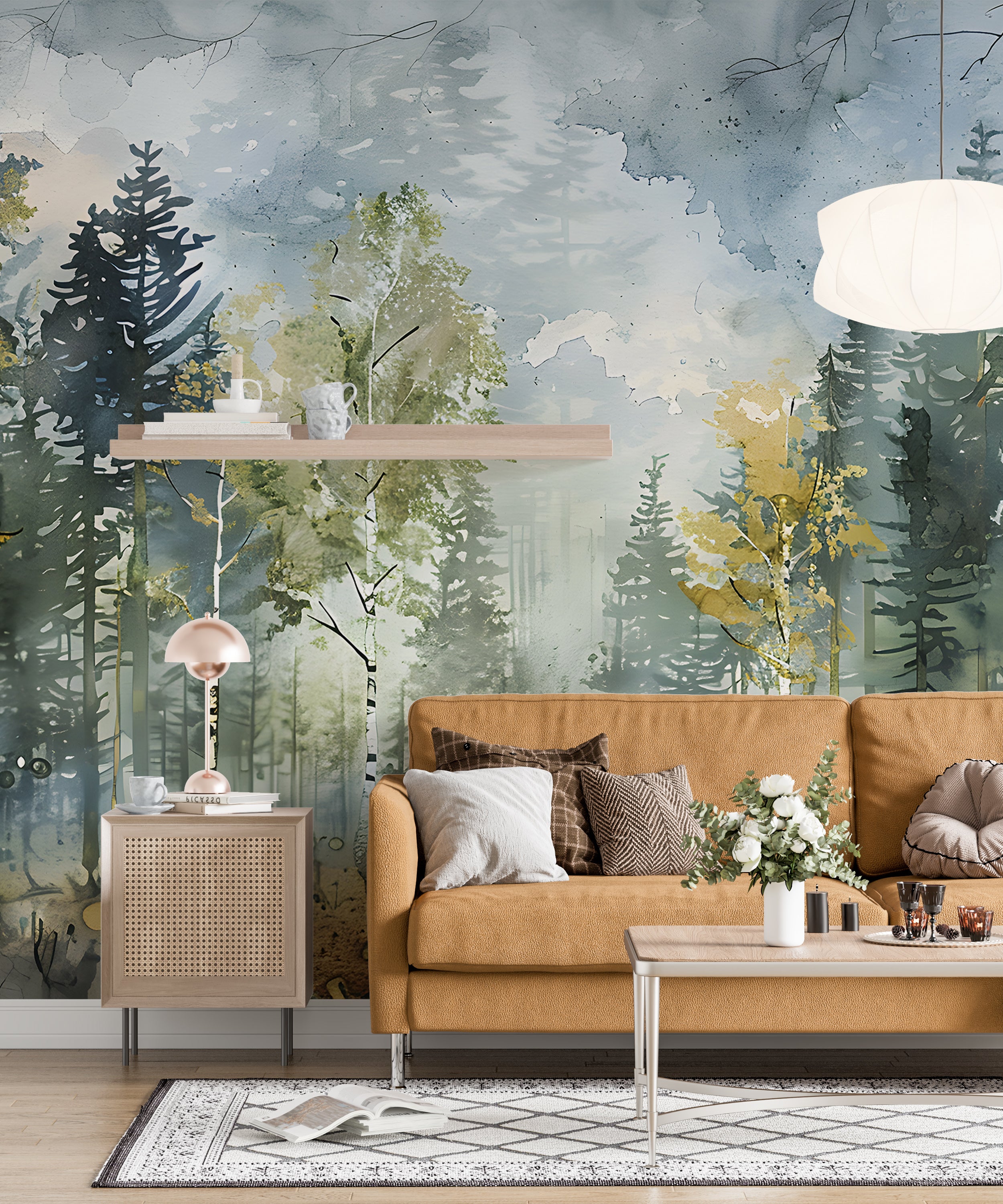 Birch Forest Wallpaper, Watercolor Woodland Mural, Pastel Colors Trees Wall Art, Peel and Stick Birches Decal, Removable Wild Nature Wallpaper