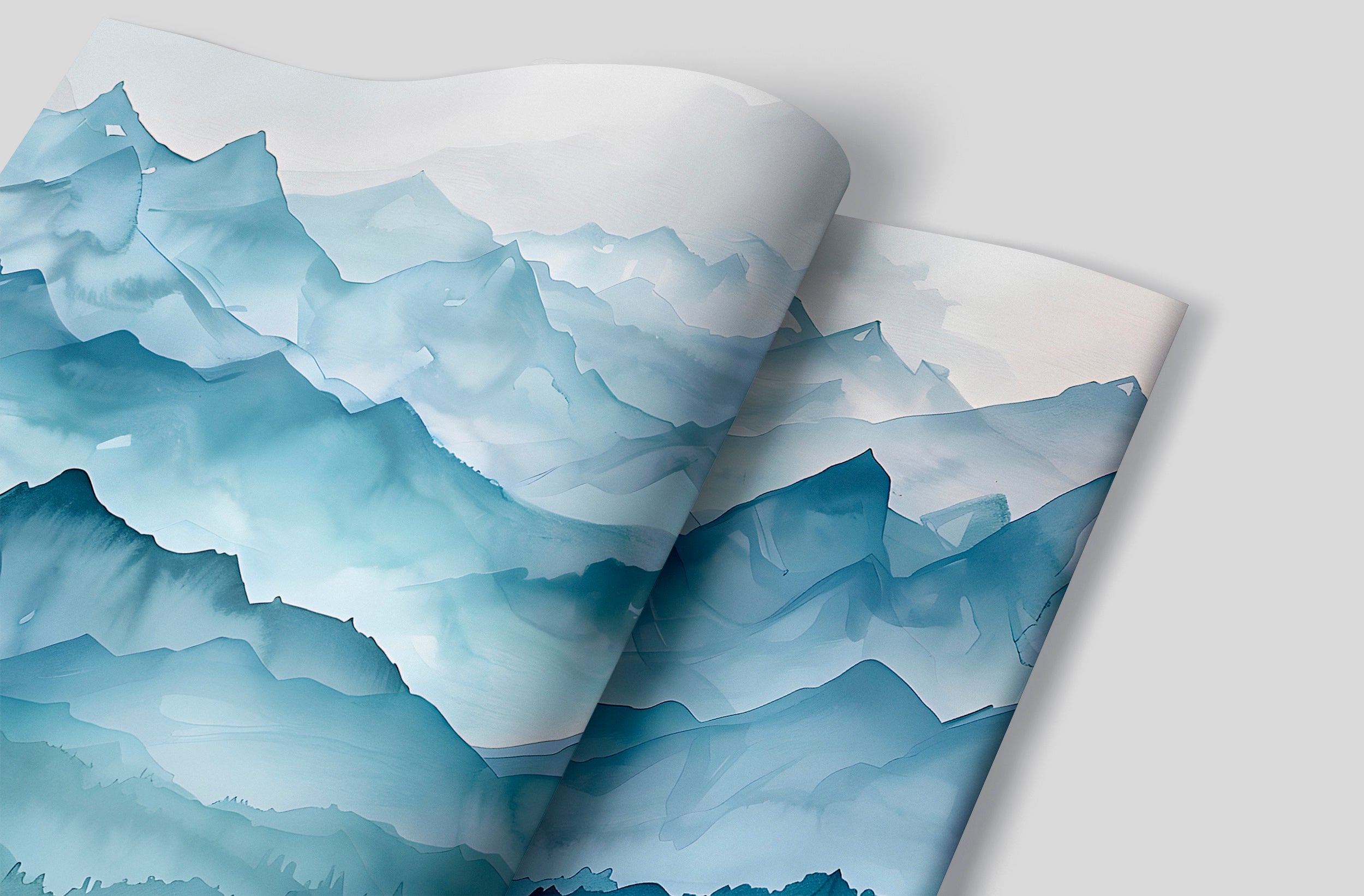 Abstract Blue Mountains Mural, Peel and Stick Foggy Mountain Wallpaper, Watercolor Misty Landscape Art, Nursery Blue Nature Decal