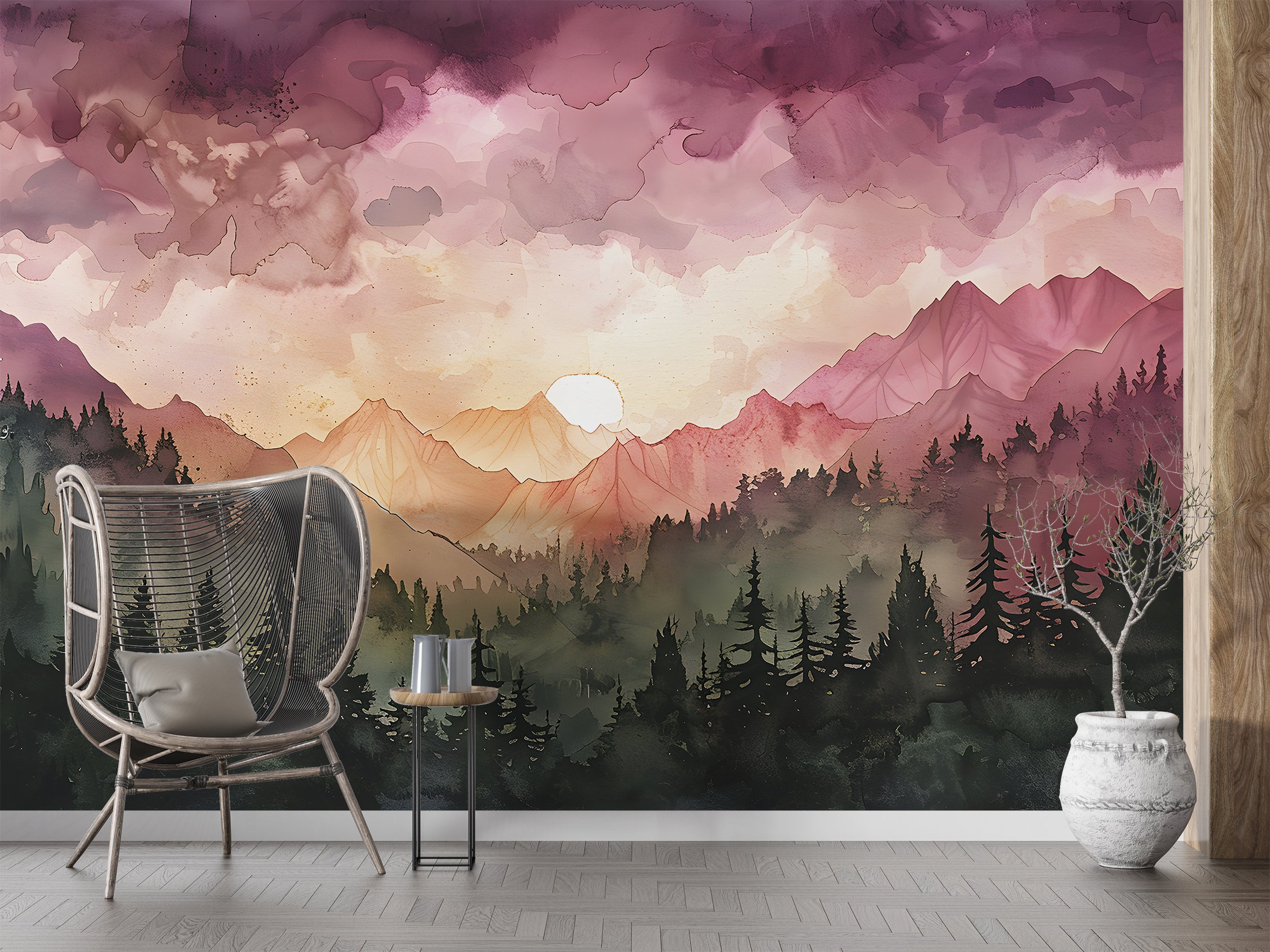 Pink and Orange Mountain Sunset Mural, Watercolor Mountains and Forest Landscape Wallpaper, Colorful Nursery Nature Wall Art