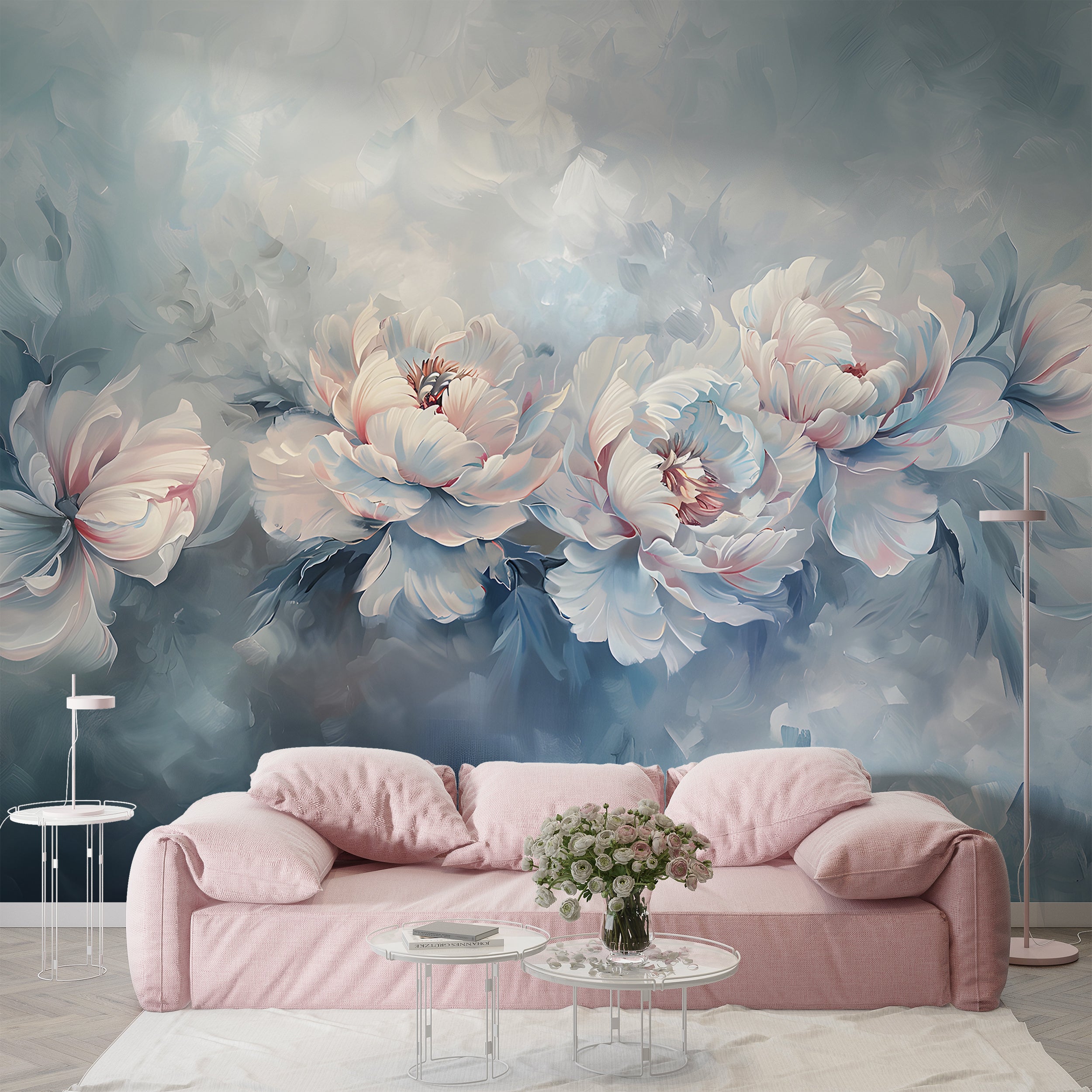 Abstract Floral Blue Mural, Watercolor Peonies Wallpaper, Peel and Stick Botanical Art, Blue Peony Abstract Wall Decal, Removable Flowers PVC free