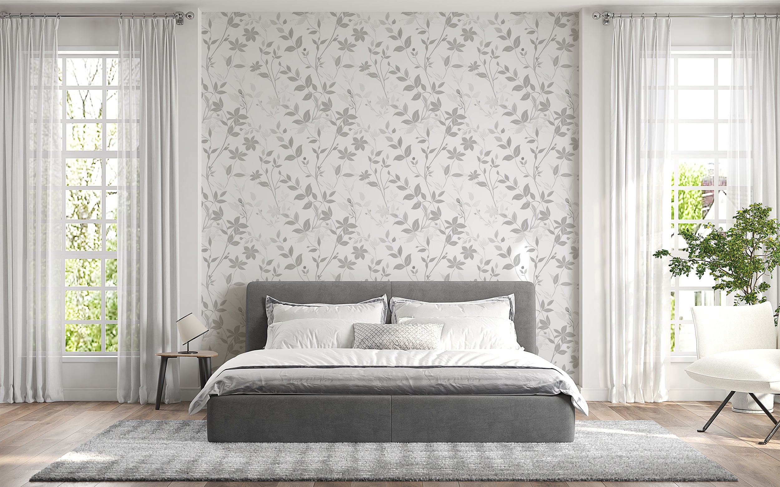 Grey and White Floral Wallpaper, Removable Light Botanical Leaves, Peel and Stick Delicate Tree Flowers Decal, Soft Shades of Grey Floral Pattern