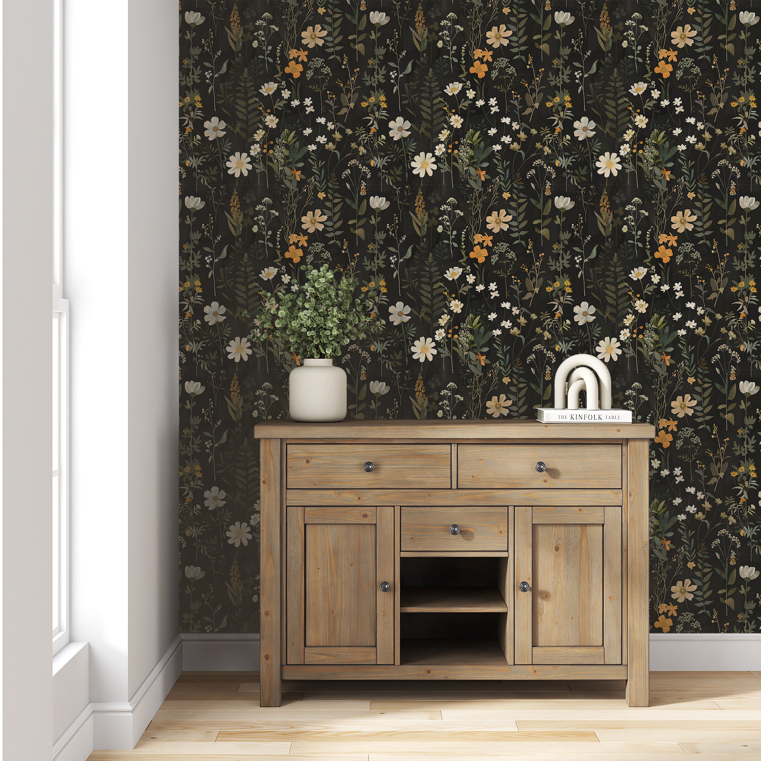 Meadow Flowers Dark Wallpaper, Fern Wall Decor, Peel and Stick Botanical, Dark Floral Decal, Removable Flower and Leaves on Black Background